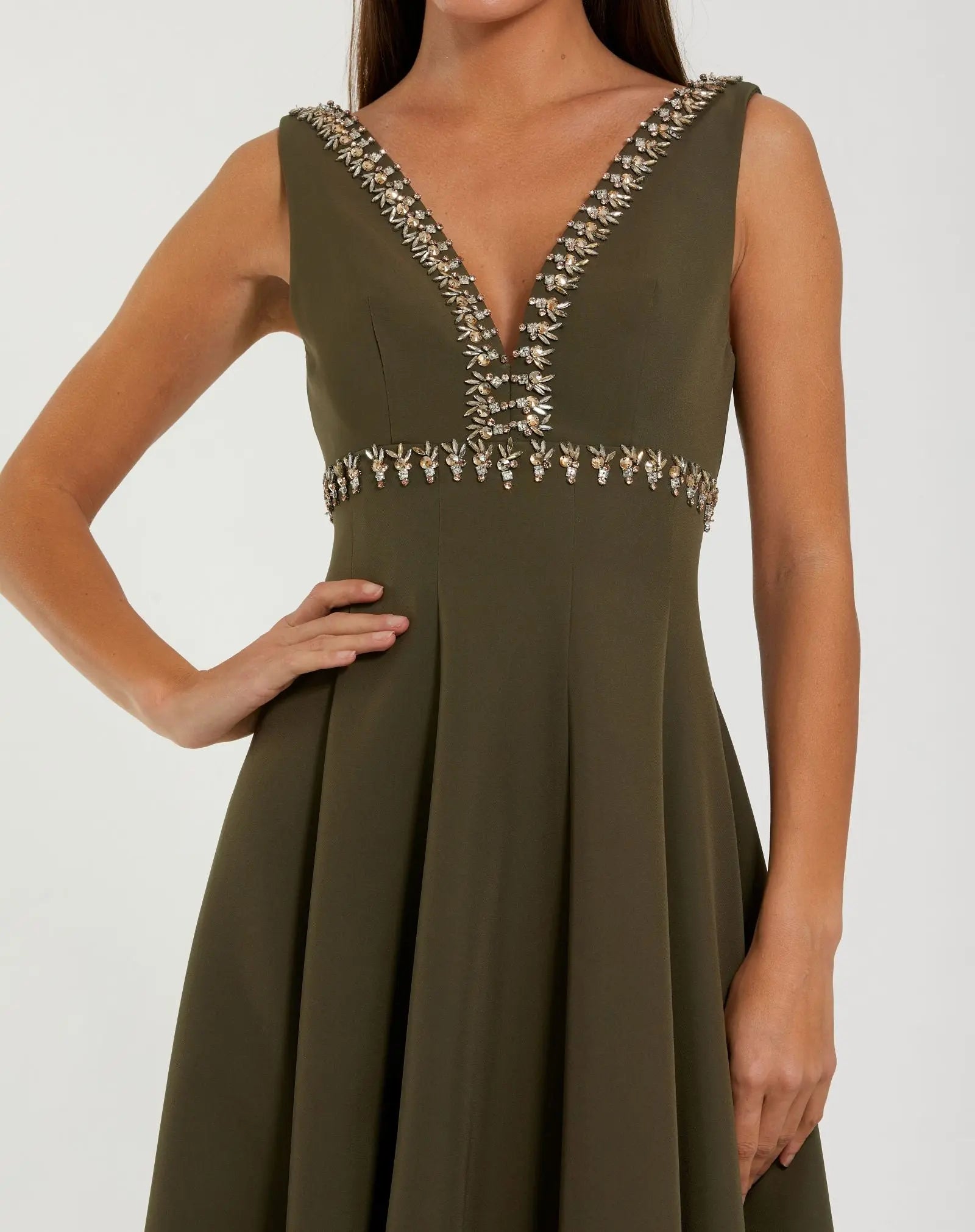 Green Rhinestone Embellished Crepe A Line Midi Dress-Myartka