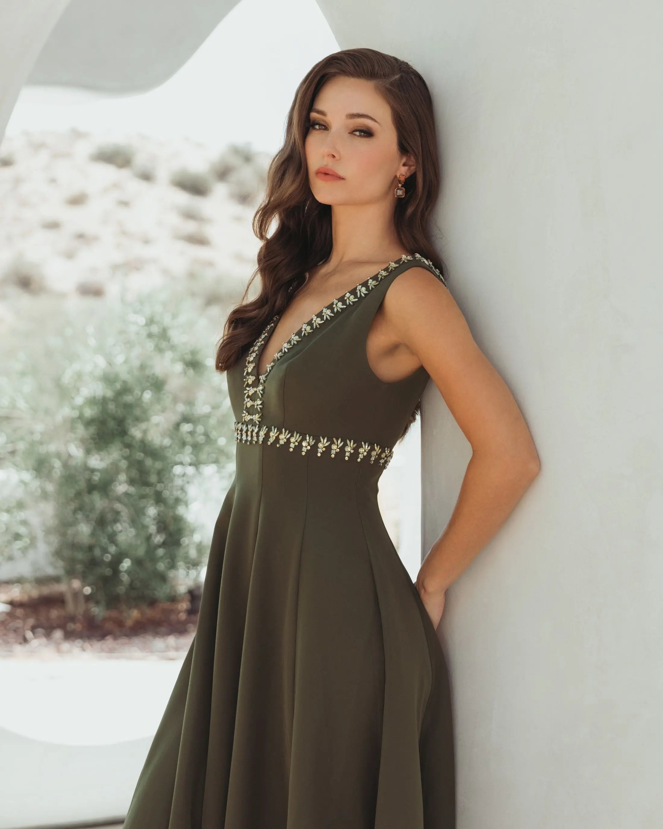 Green Rhinestone Embellished Crepe A Line Midi Dress-Myartka