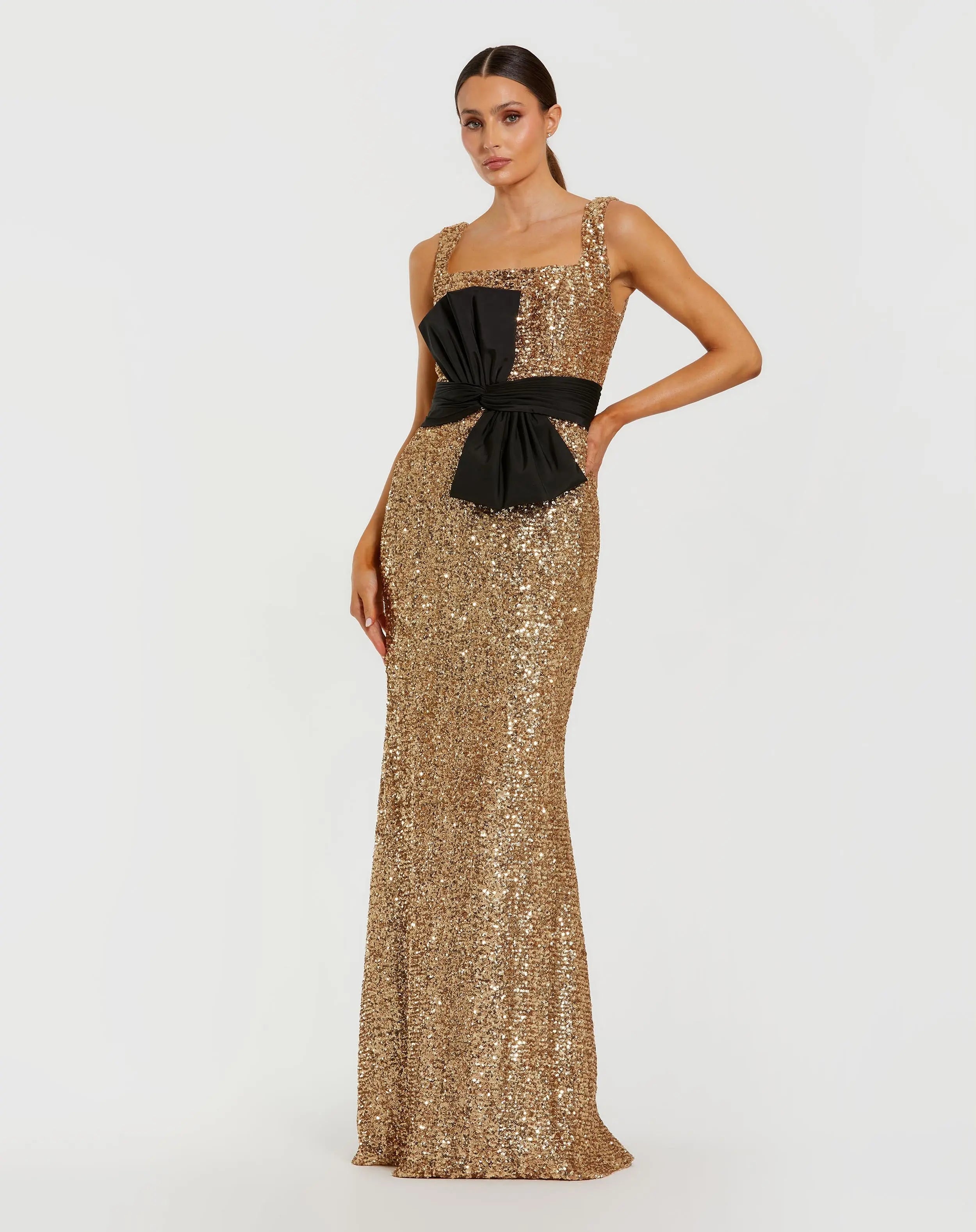 Gold Sequin Square Neck Column Gown With Faille Bow-Myartka