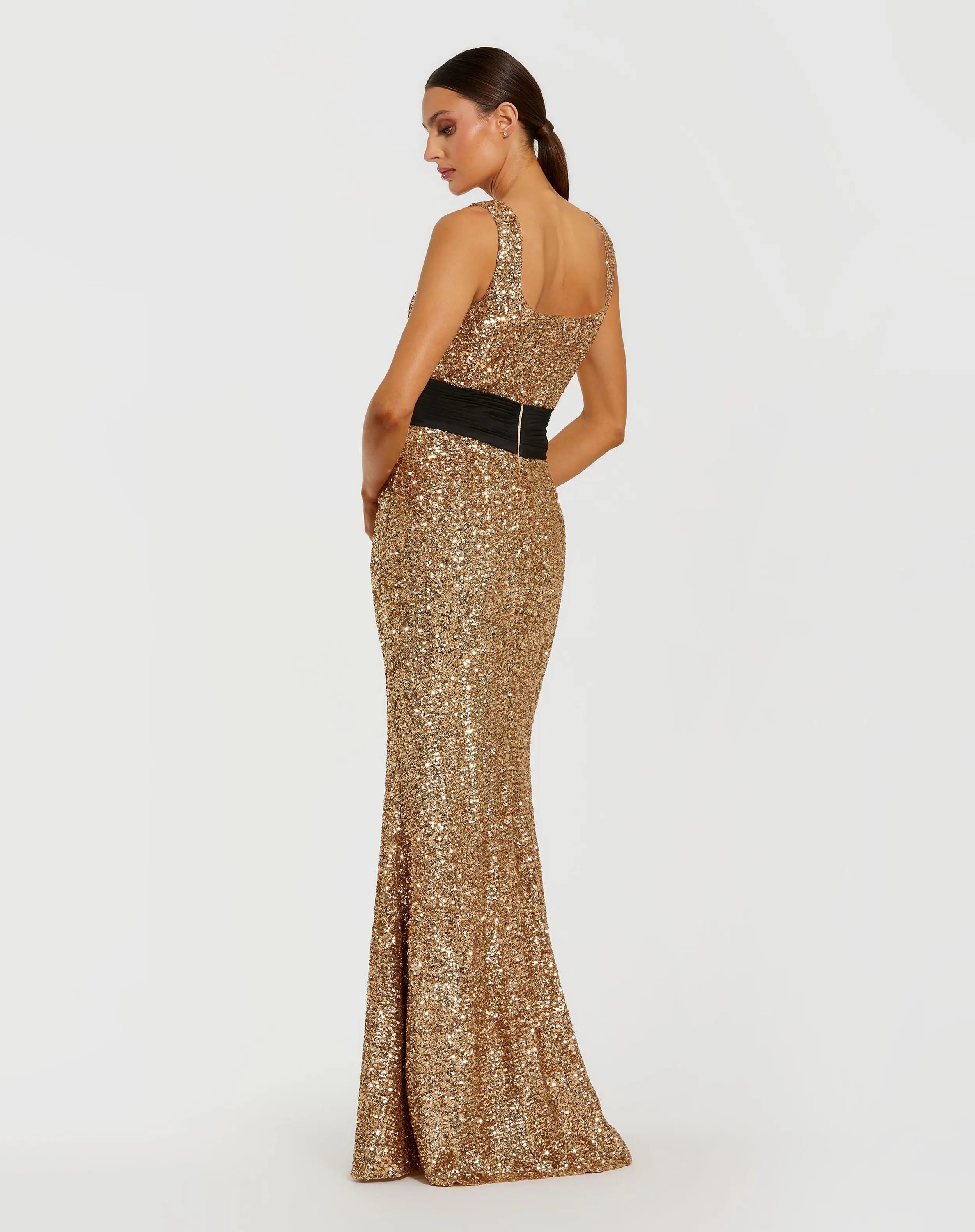 Gold Sequin Square Neck Column Gown With Faille Bow-Myartka