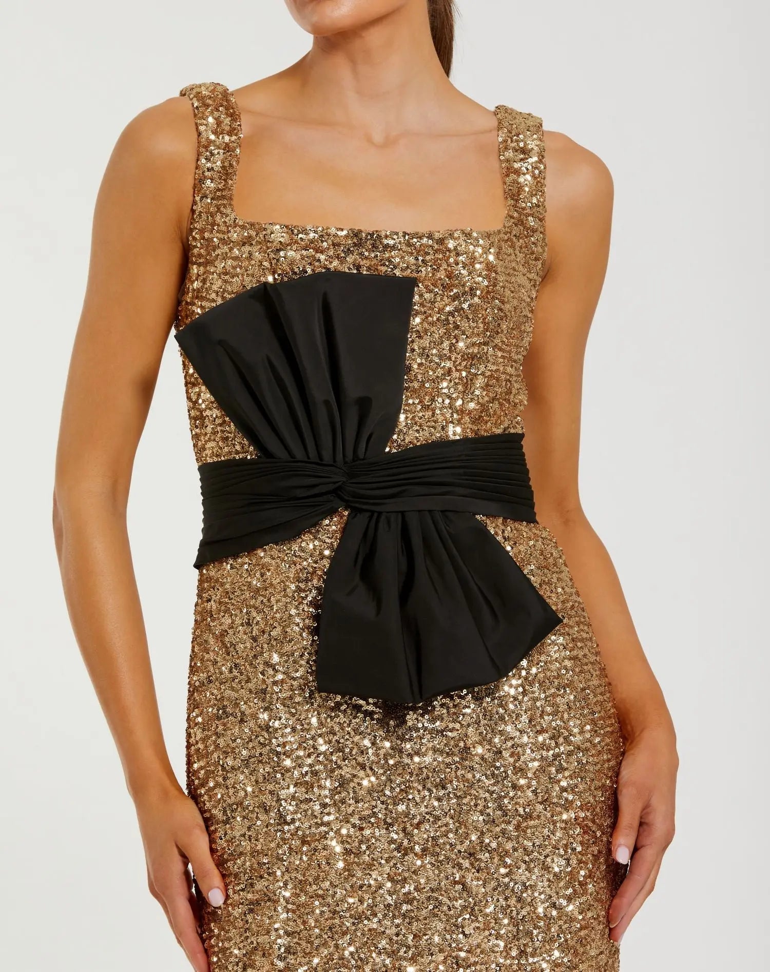 Gold Sequin Square Neck Column Gown With Faille Bow-Myartka
