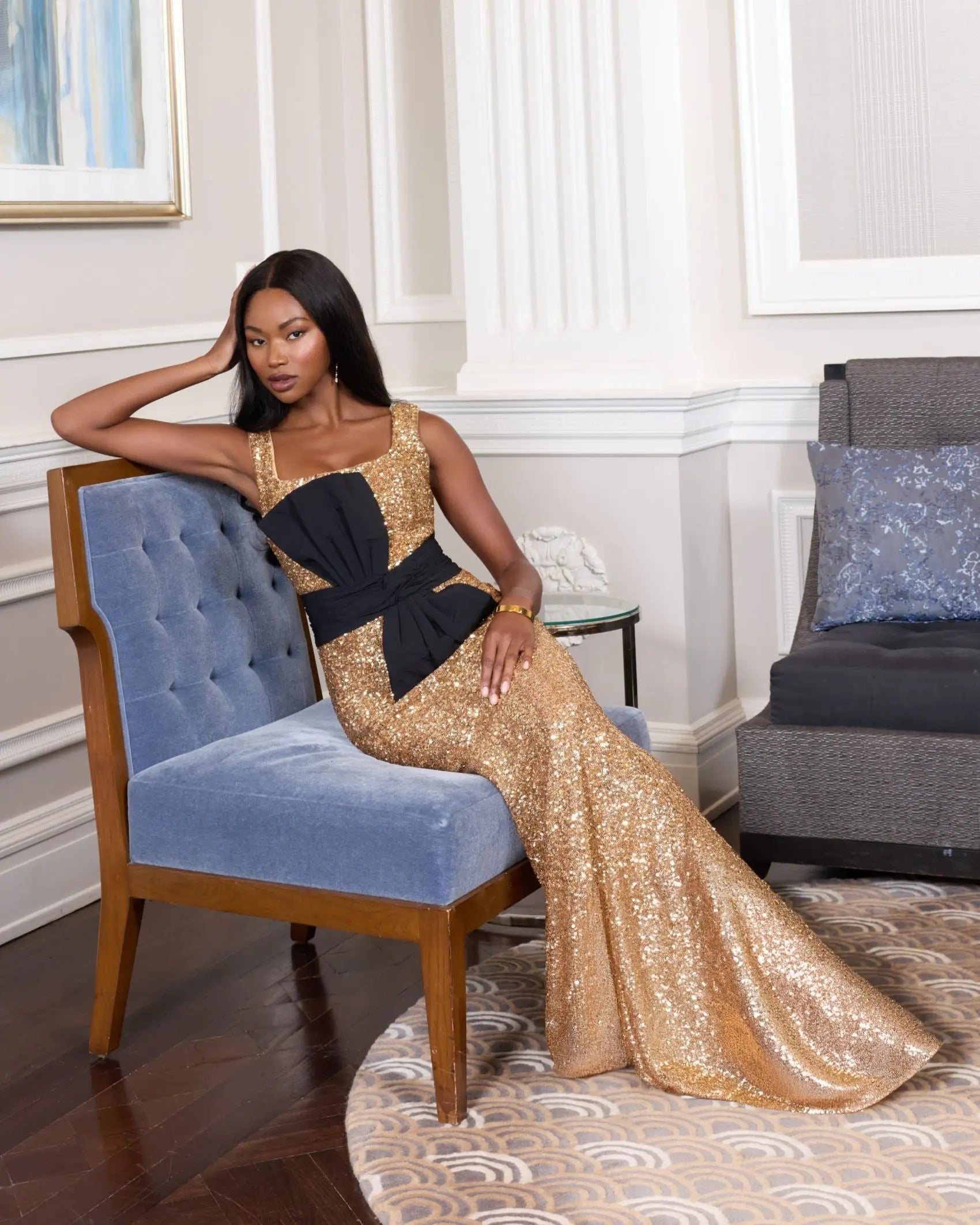 Gold Sequin Square Neck Column Gown With Faille Bow-Myartka
