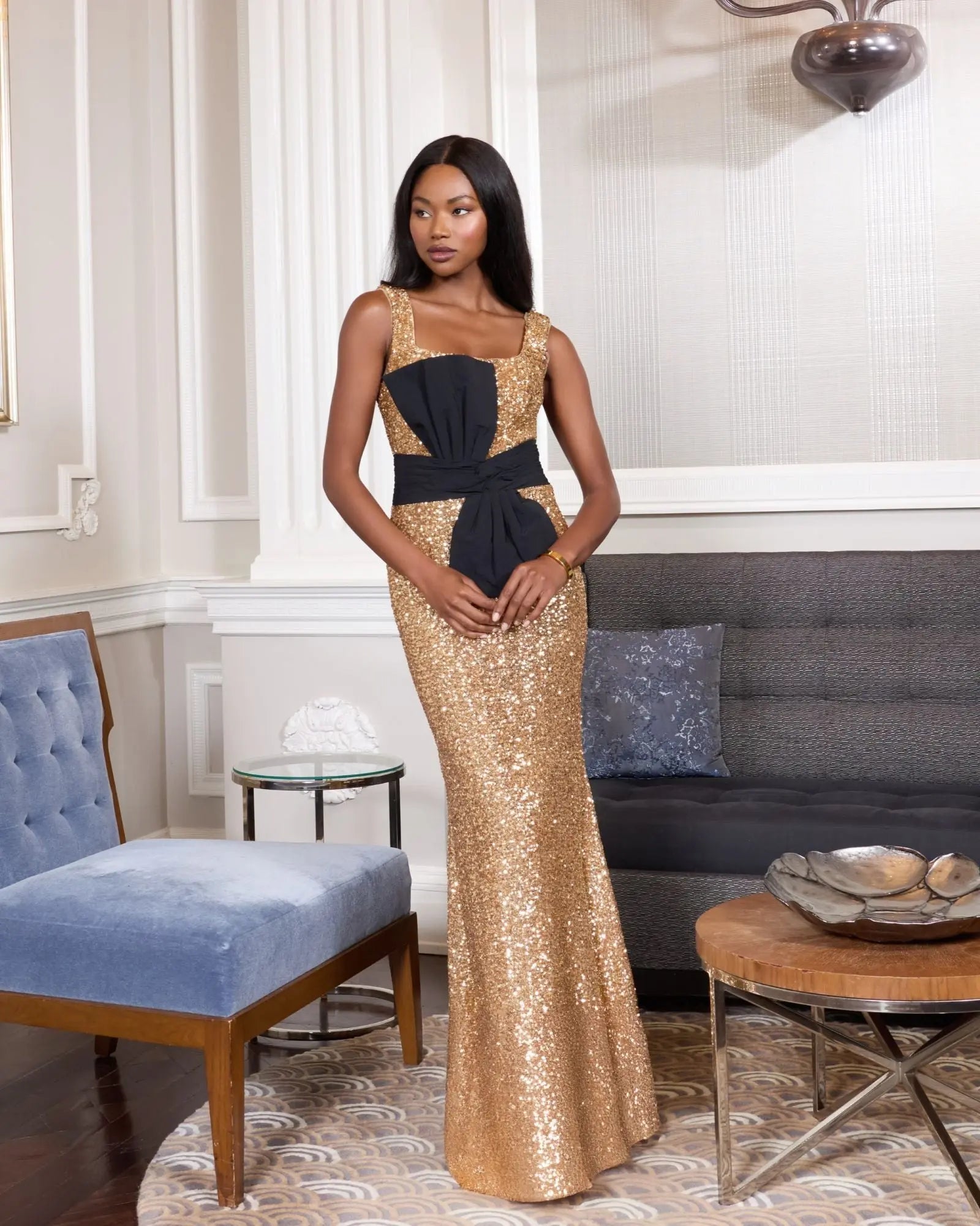 Gold Sequin Square Neck Column Gown With Faille Bow-Myartka