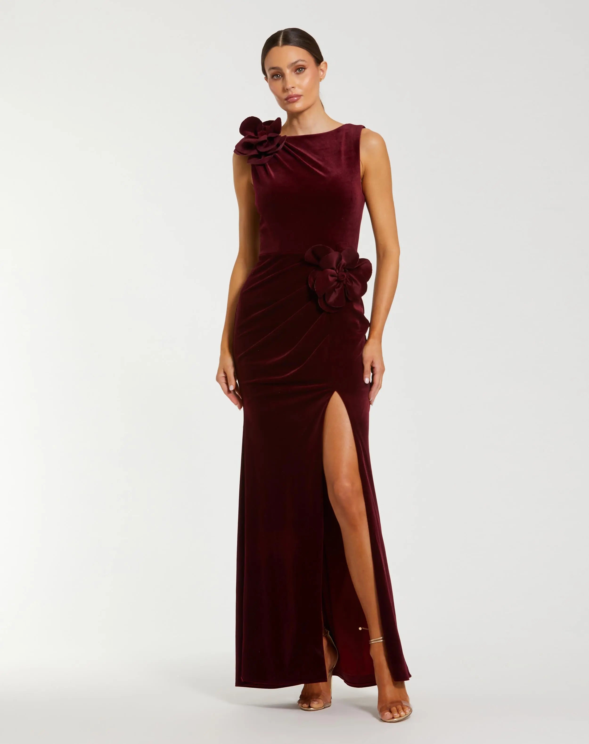Dark Red High Neck Velvet Column Gown With 3D Flowers-Myartka