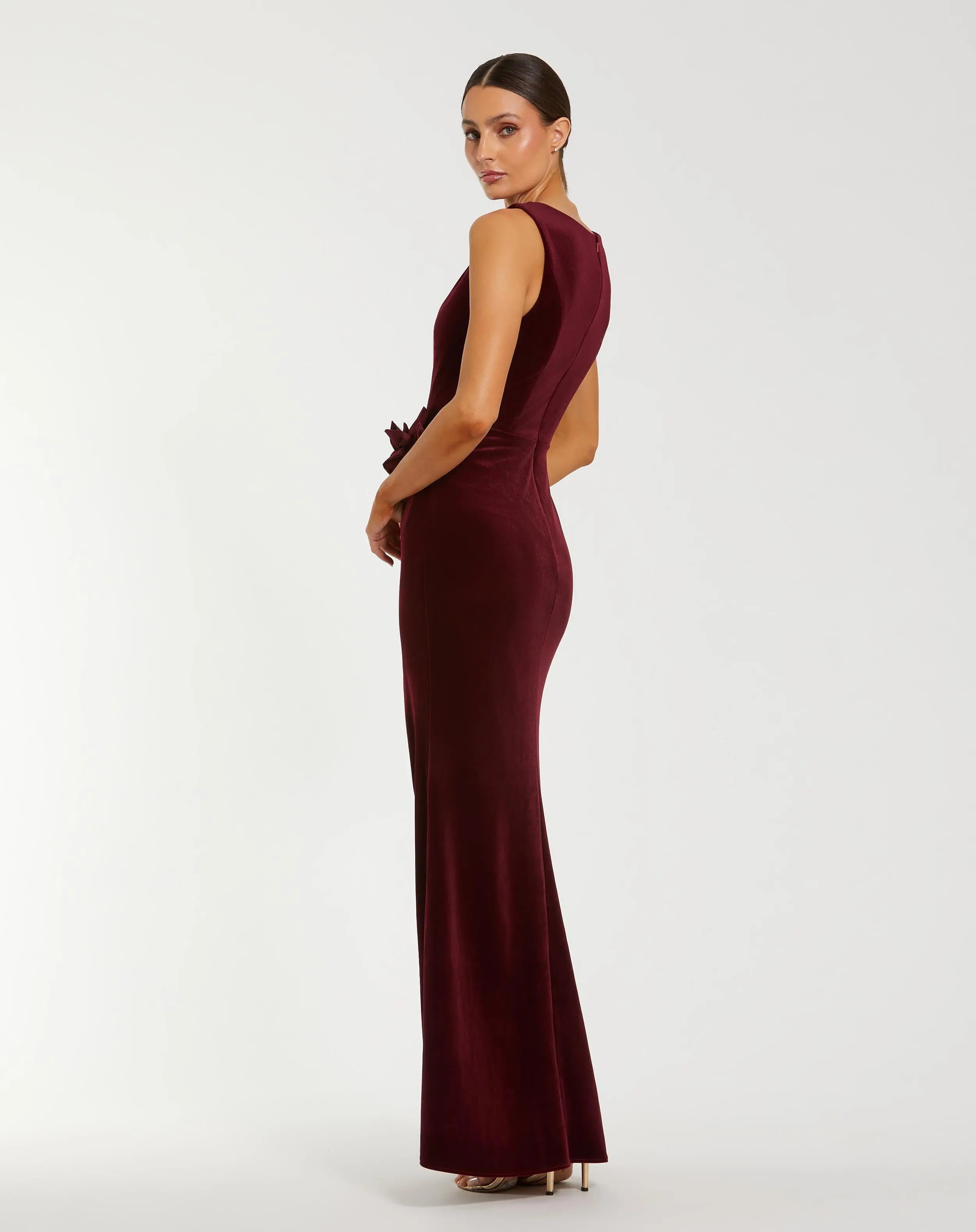 Dark Red High Neck Velvet Column Gown With 3D Flowers-Myartka