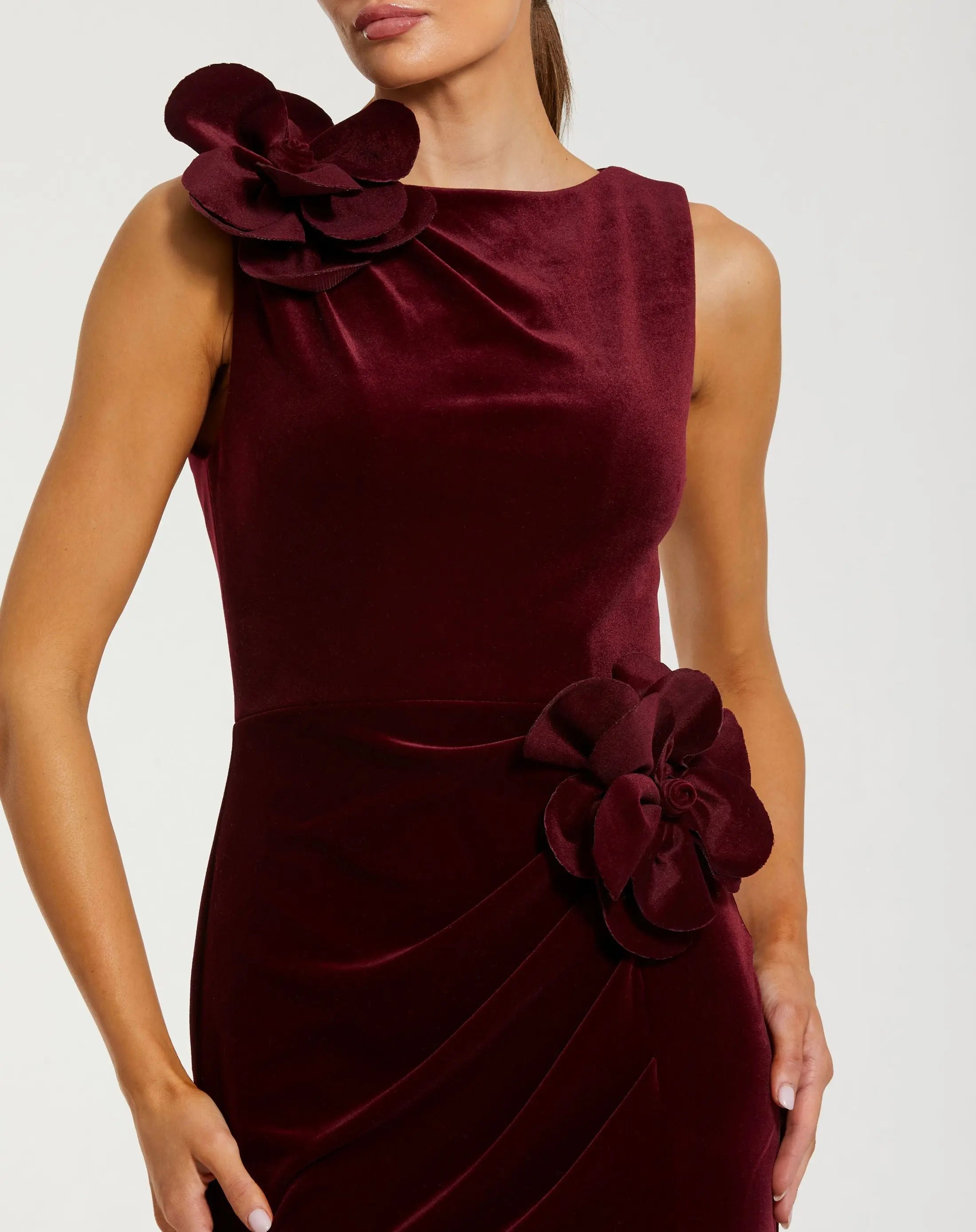 Dark Red High Neck Velvet Column Gown With 3D Flowers-Myartka