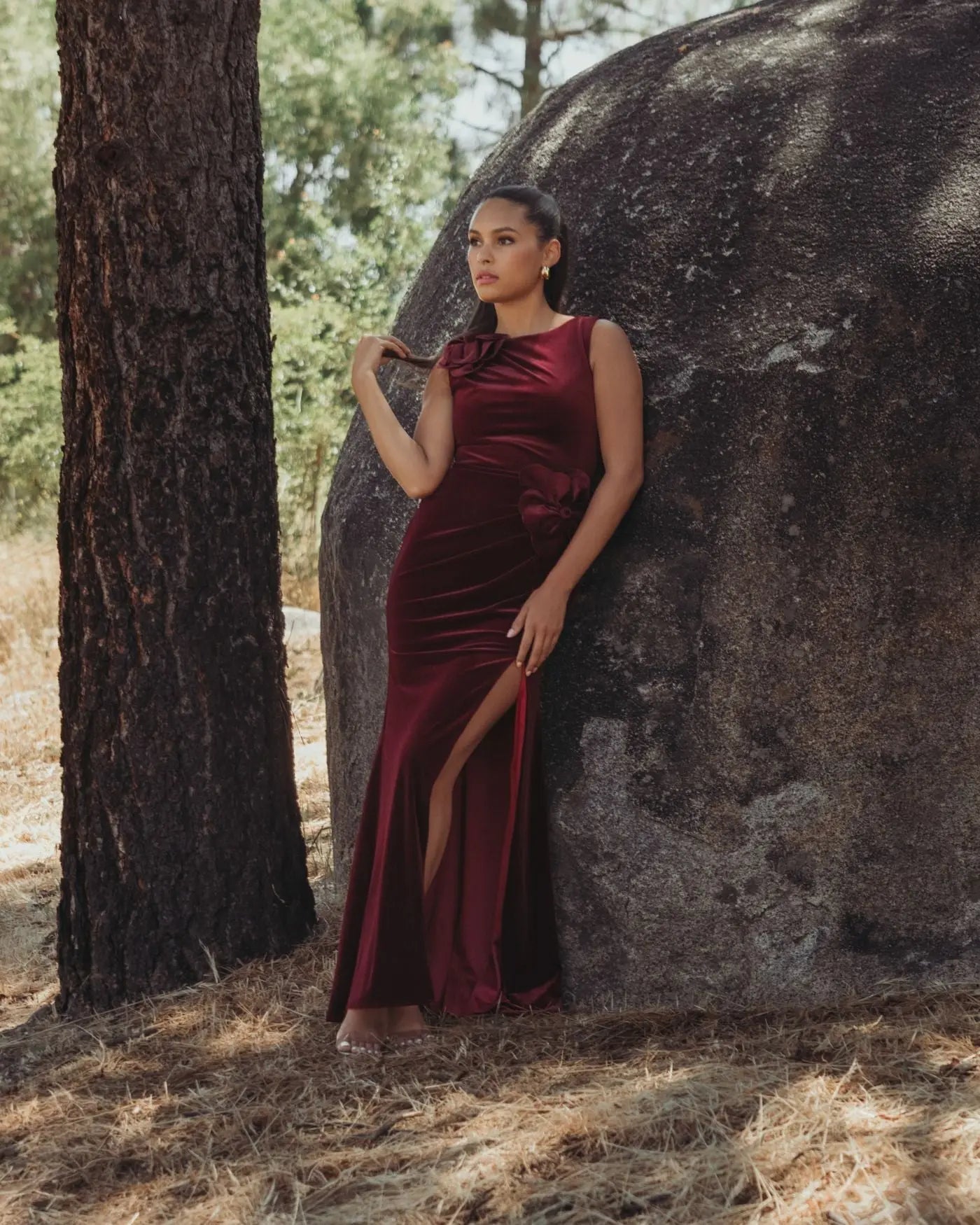 Dark Red High Neck Velvet Column Gown With 3D Flowers-Myartka