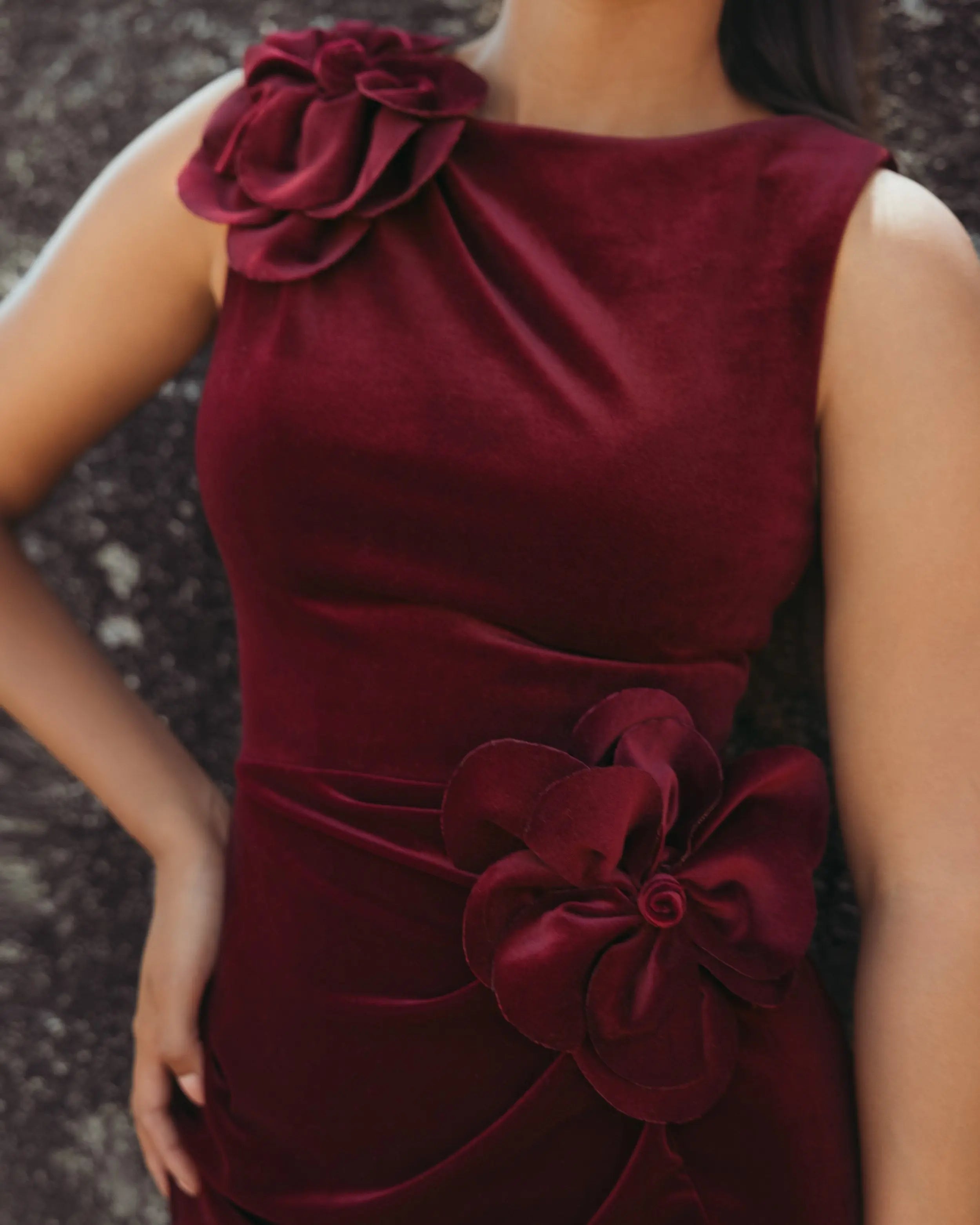 Dark Red High Neck Velvet Column Gown With 3D Flowers-Myartka
