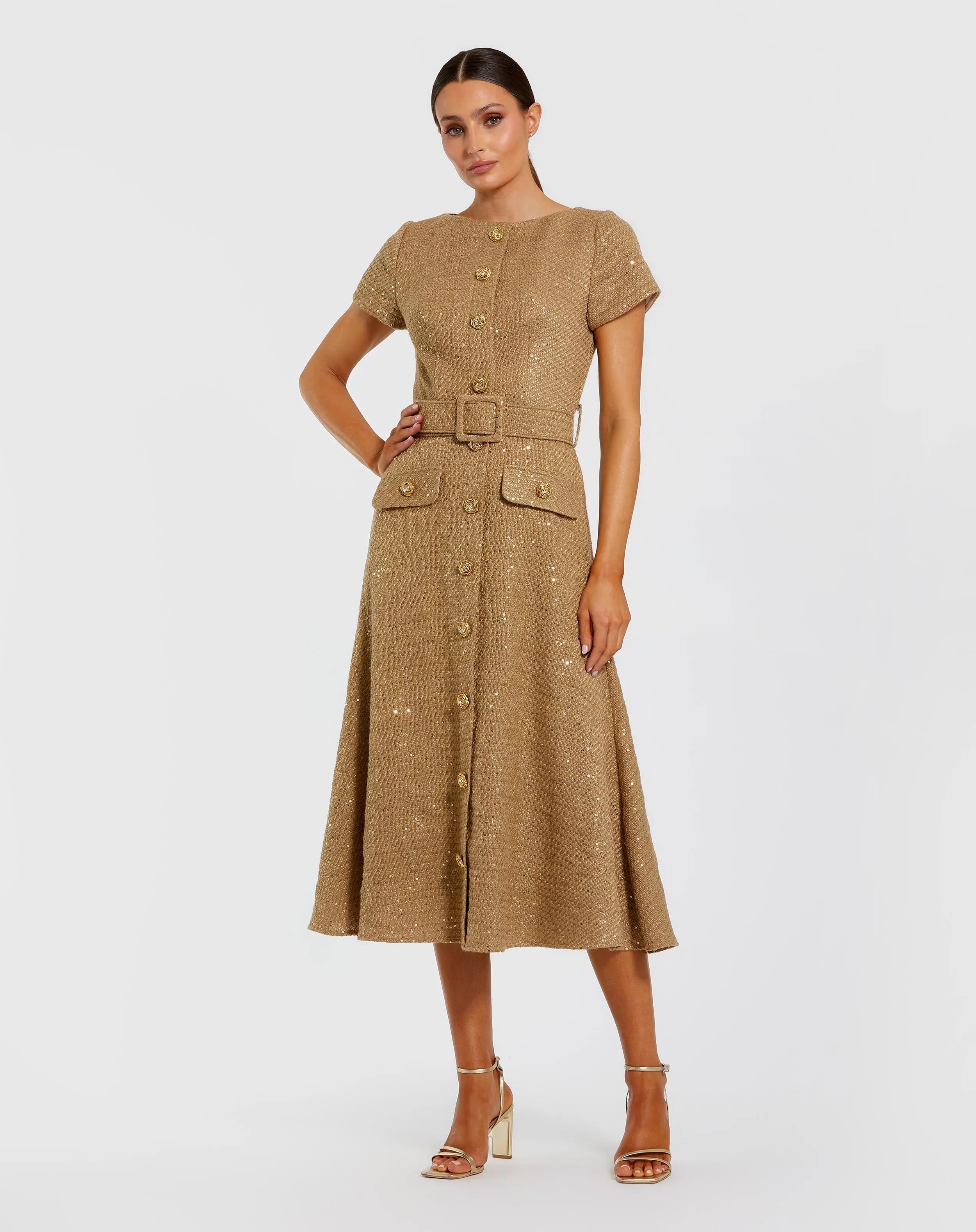 Gold Boucle Cap Sleeve High Neck Button Up Midi Dress-Myartka