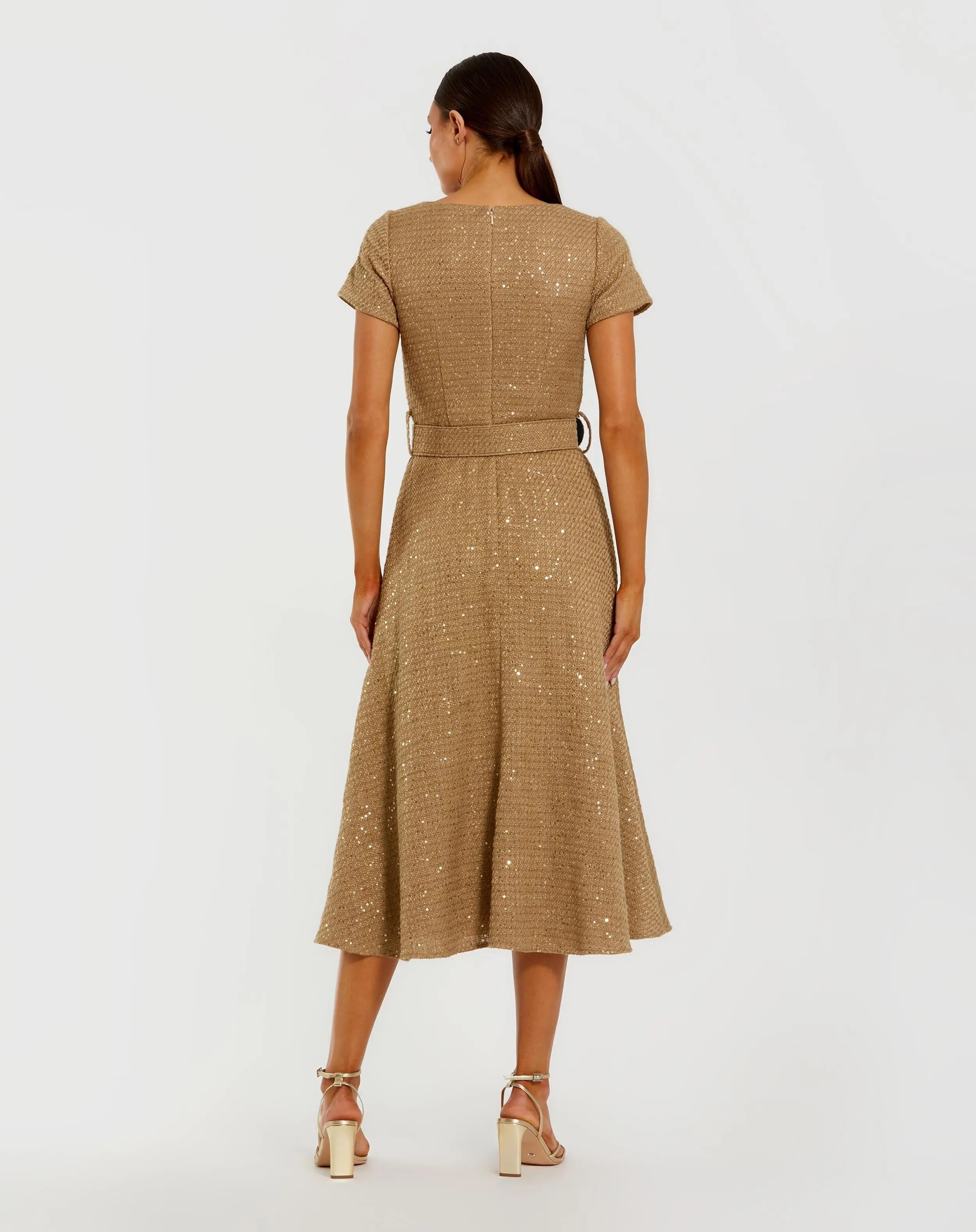 Gold Boucle Cap Sleeve High Neck Button Up Midi Dress-Myartka