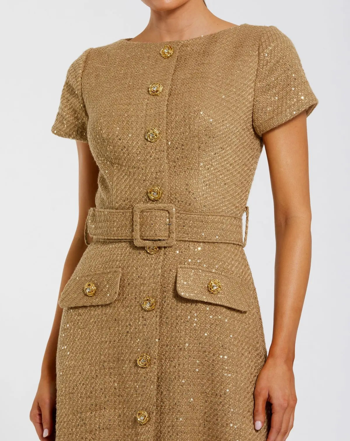 Gold Boucle Cap Sleeve High Neck Button Up Midi Dress-Myartka