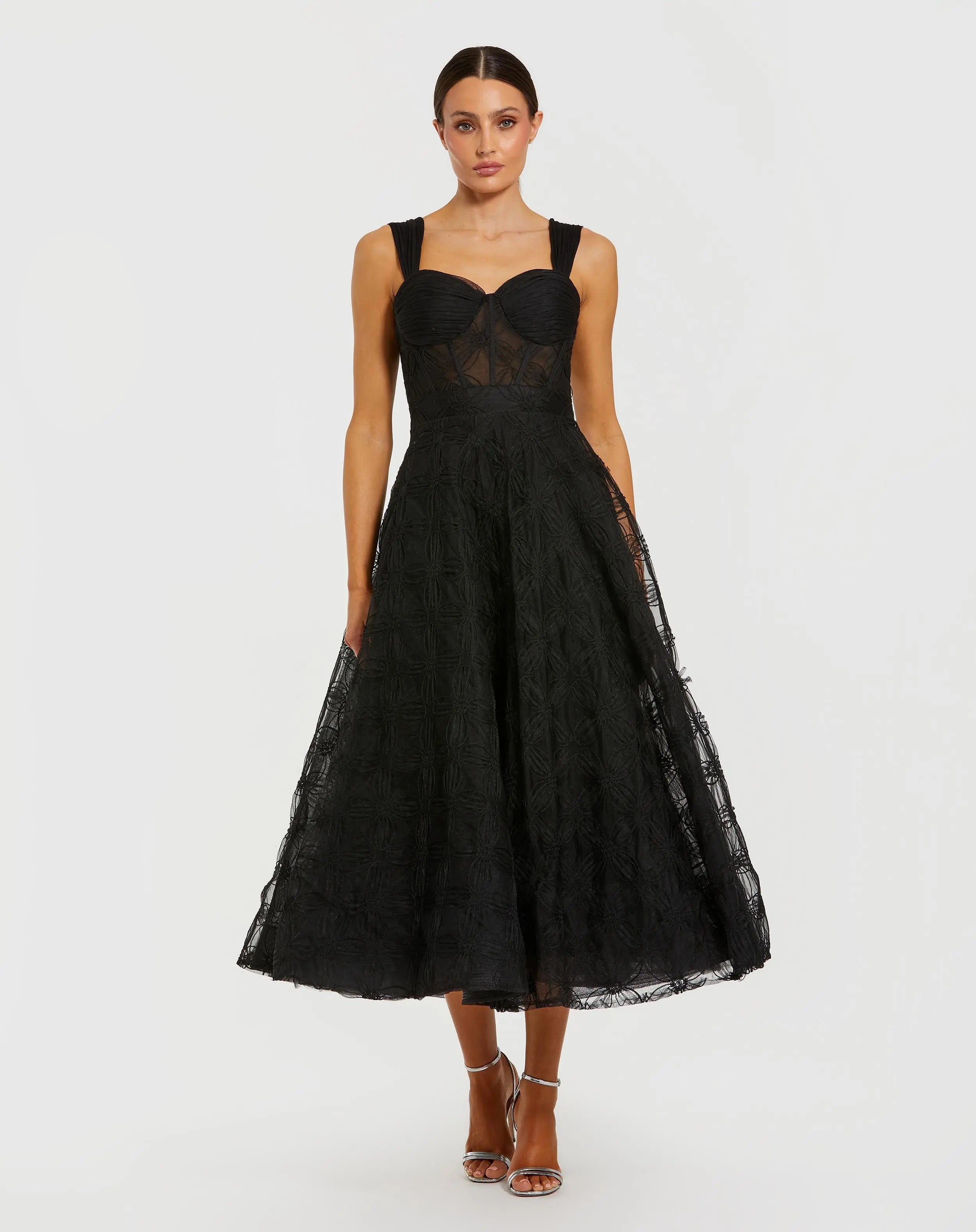 Black Bustier Sleeveless A-Line Tulle Midi Dress-Myartka