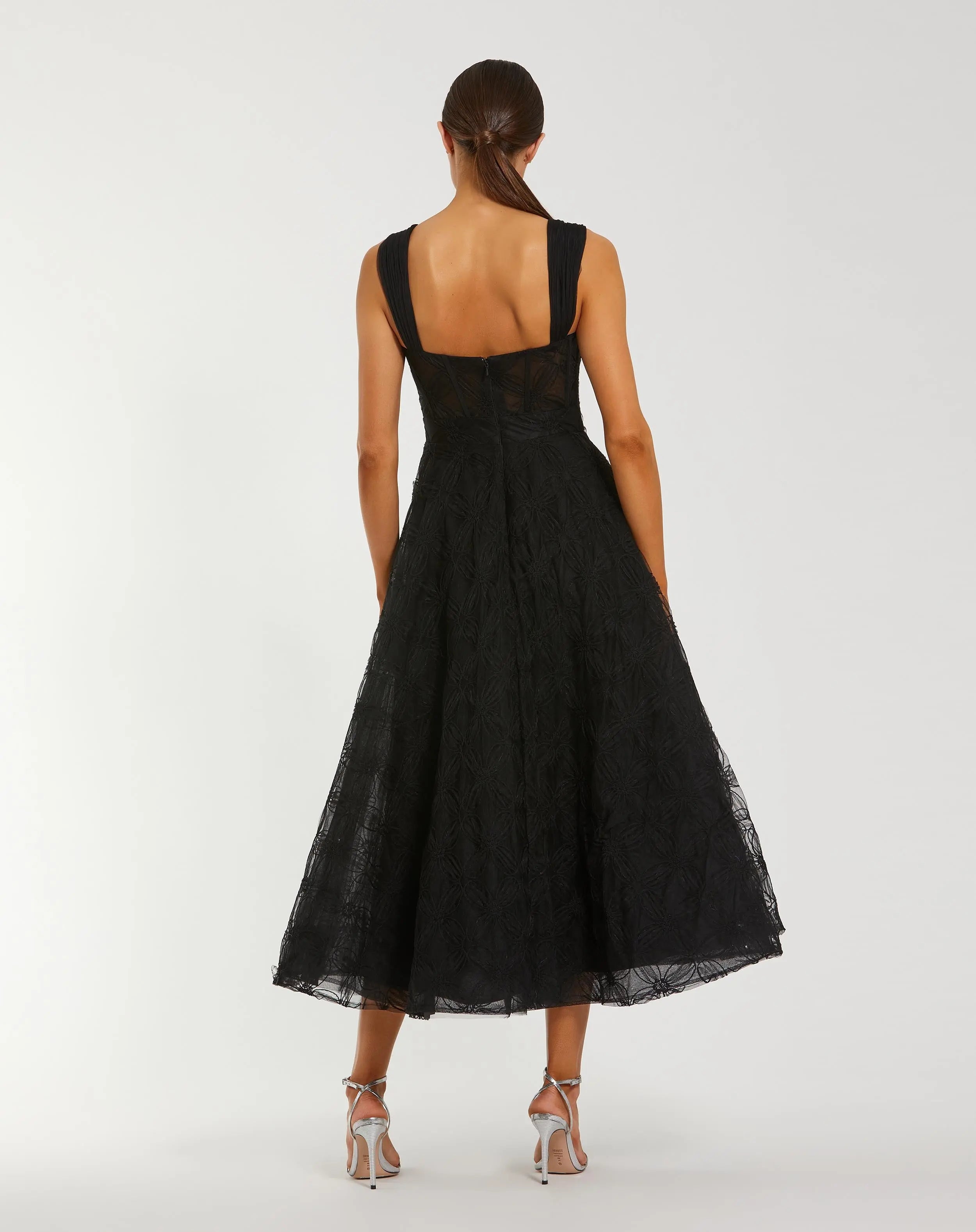 Black Bustier Sleeveless A-Line Tulle Midi Dress-Myartka