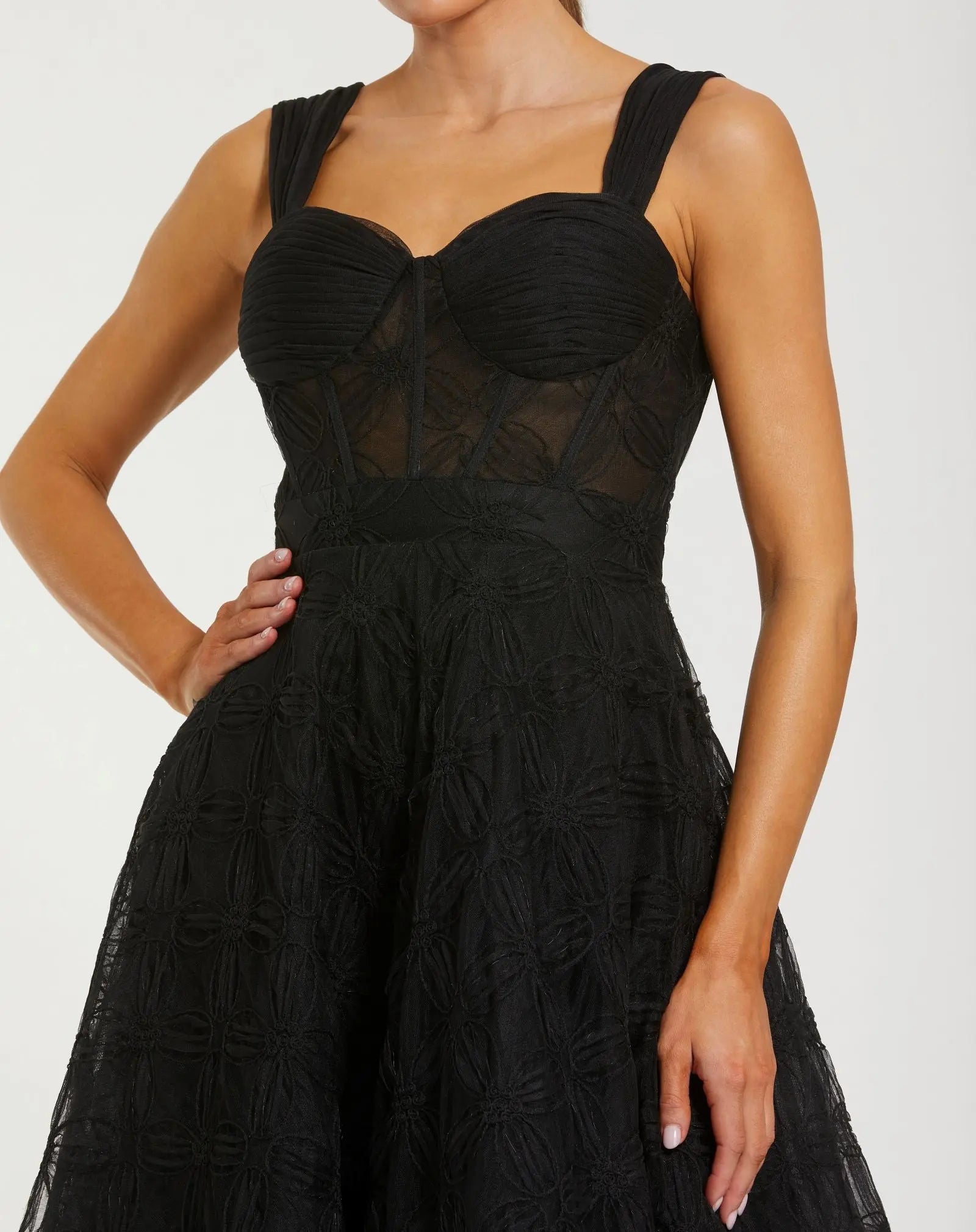 Black Bustier Sleeveless A-Line Tulle Midi Dress-Myartka