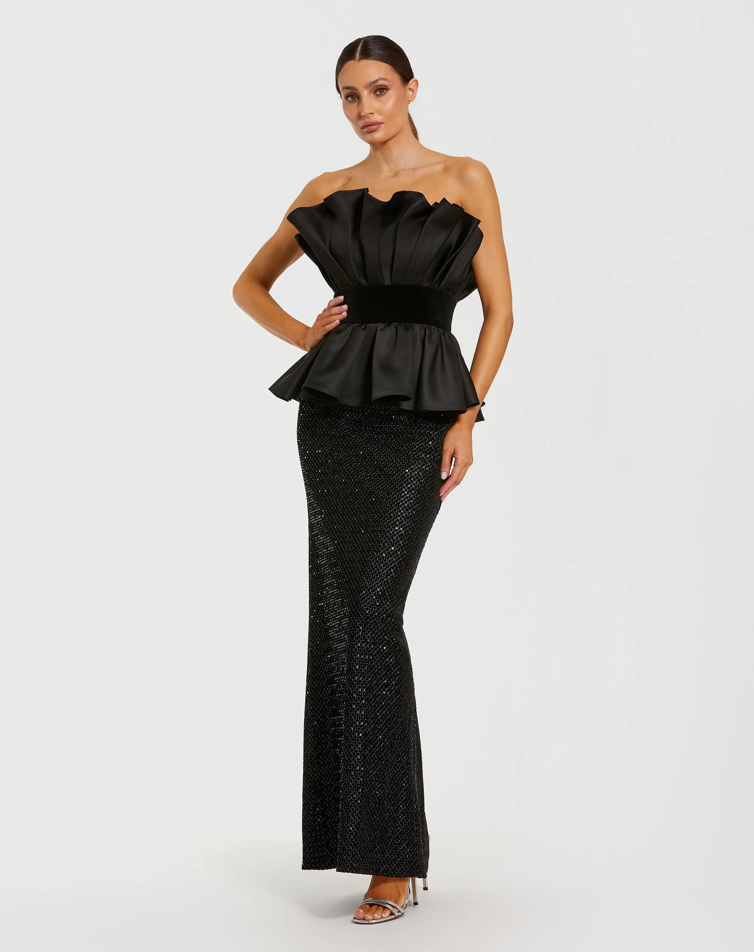 Black Strapless Satin Peplum Sequin Column Gown-Myartka