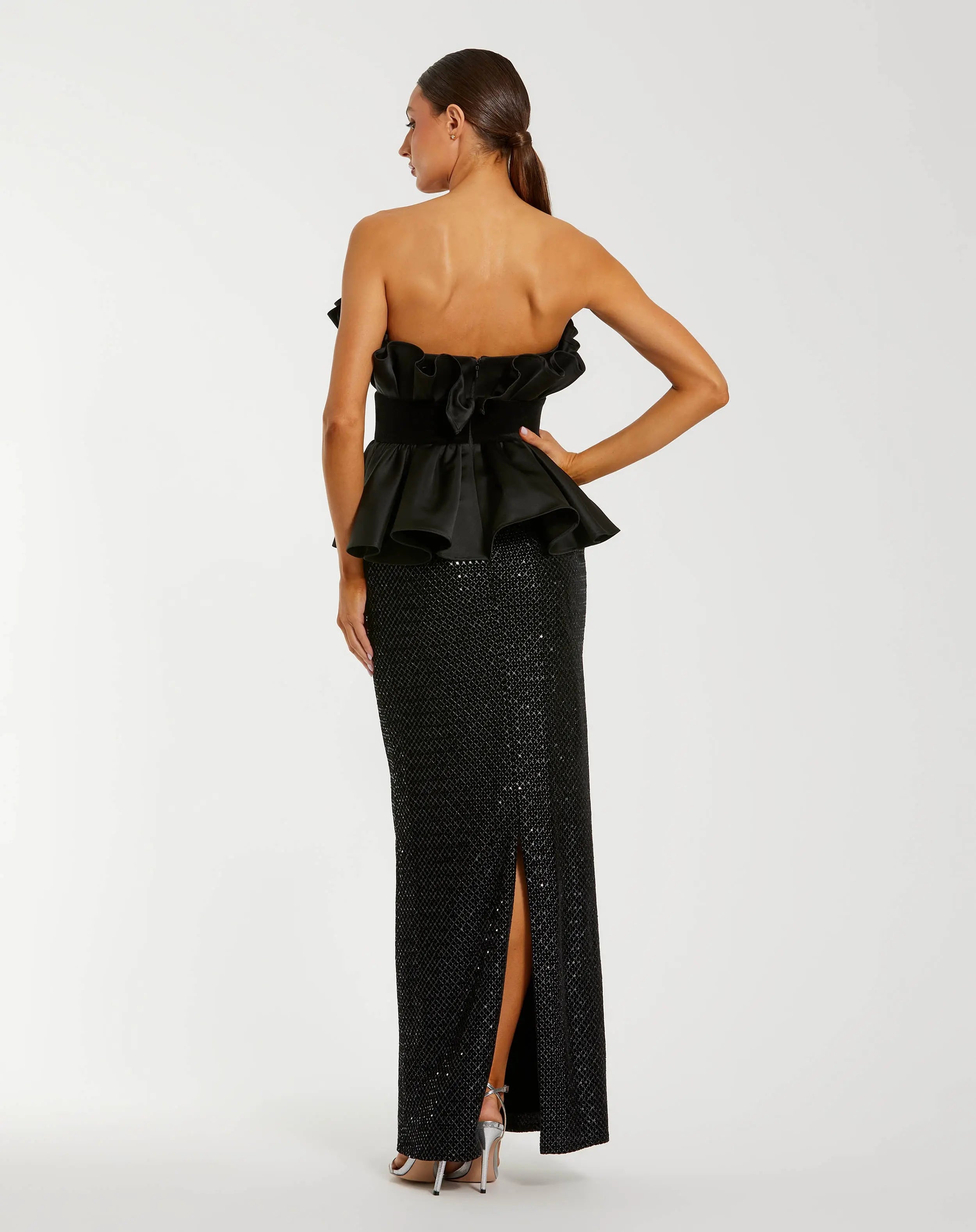 Black Strapless Satin Peplum Sequin Column Gown-Myartka