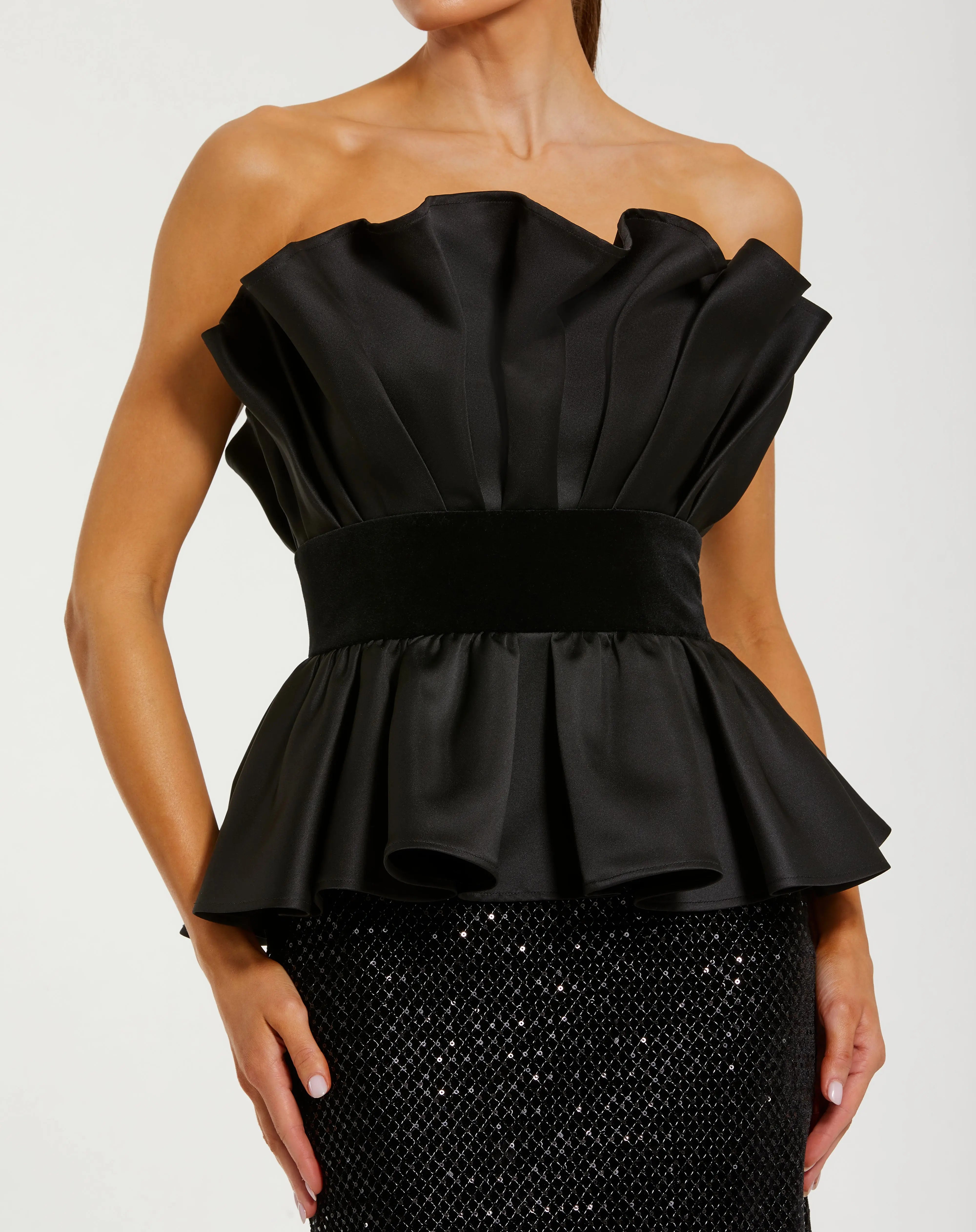Black Strapless Satin Peplum Sequin Column Gown-Myartka