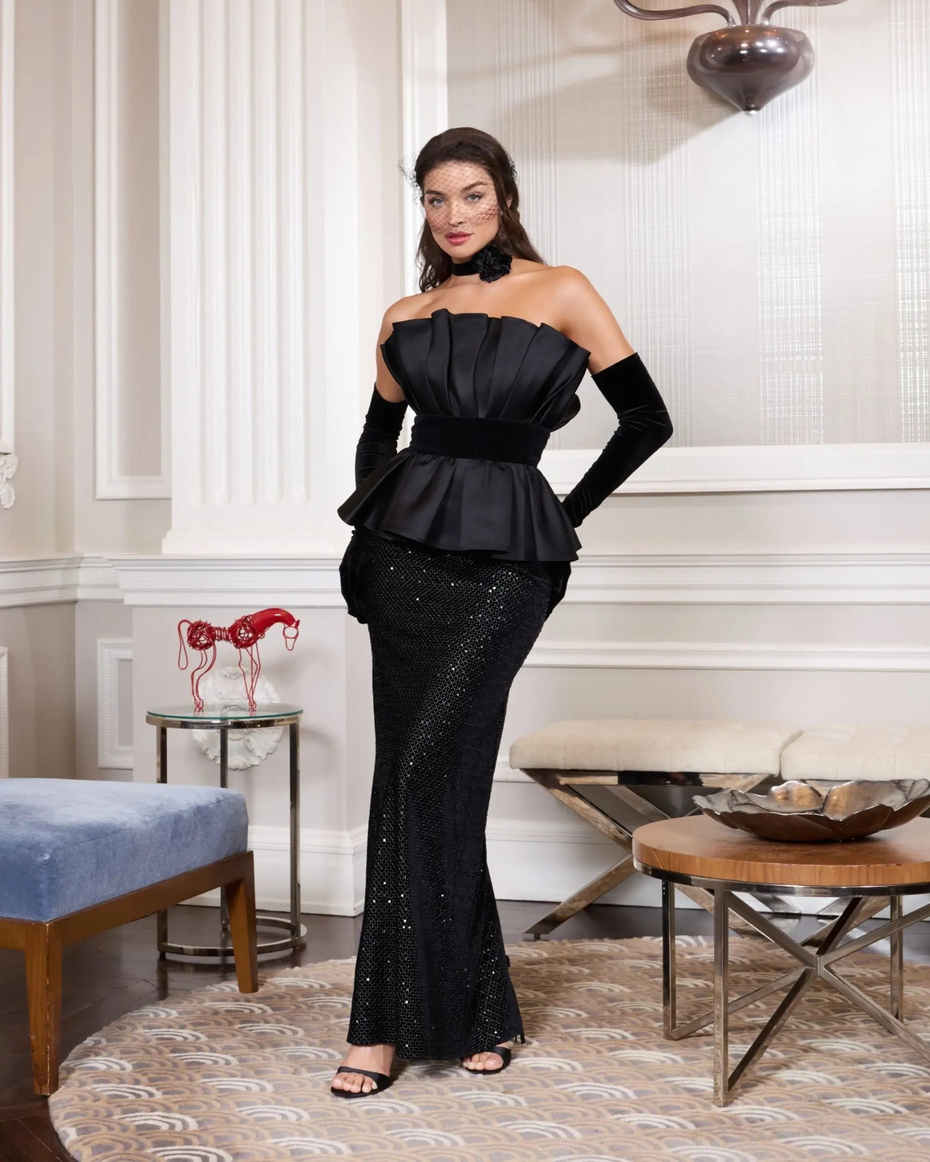 Black Strapless Satin Peplum Sequin Column Gown-Myartka