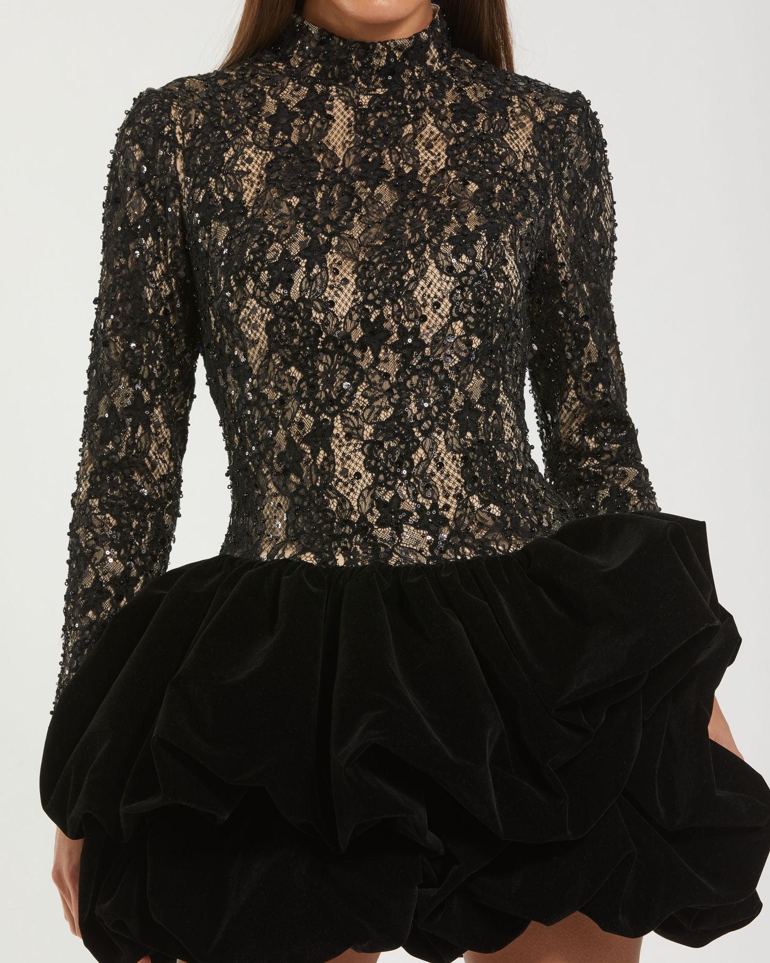 Black Mock Neck Long Sleeve Lace And Velvet Mini Dress-Myartka