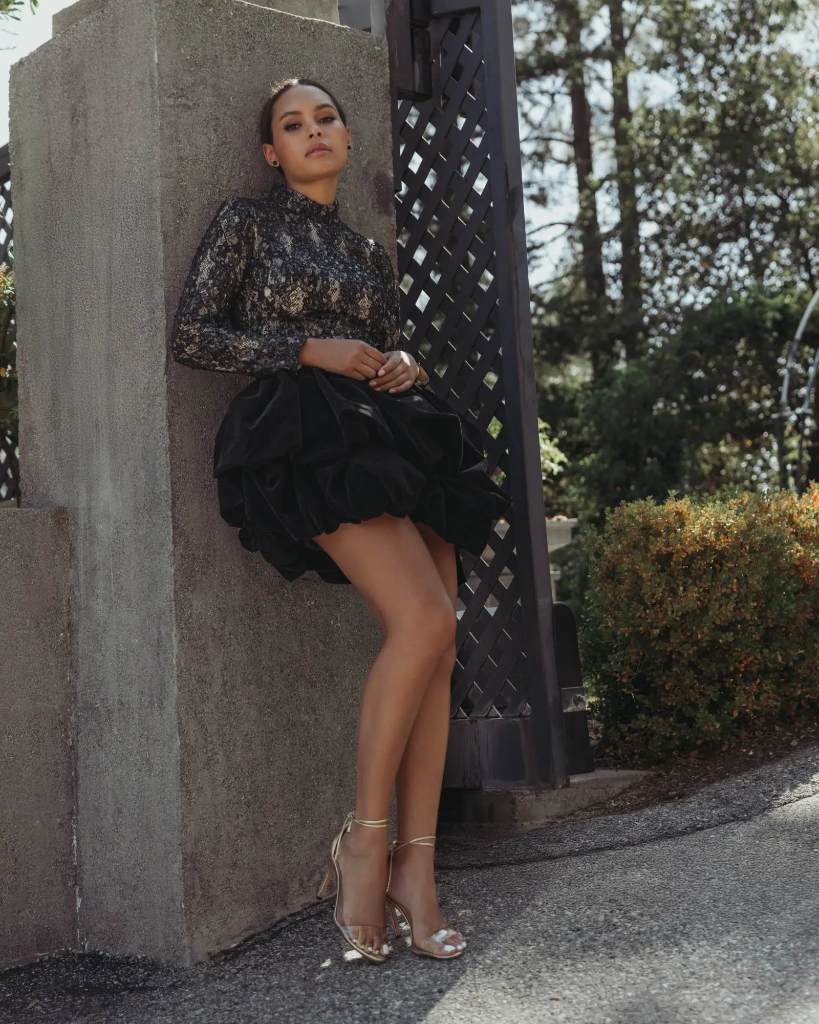 Black Mock Neck Long Sleeve Lace And Velvet Mini Dress-Myartka