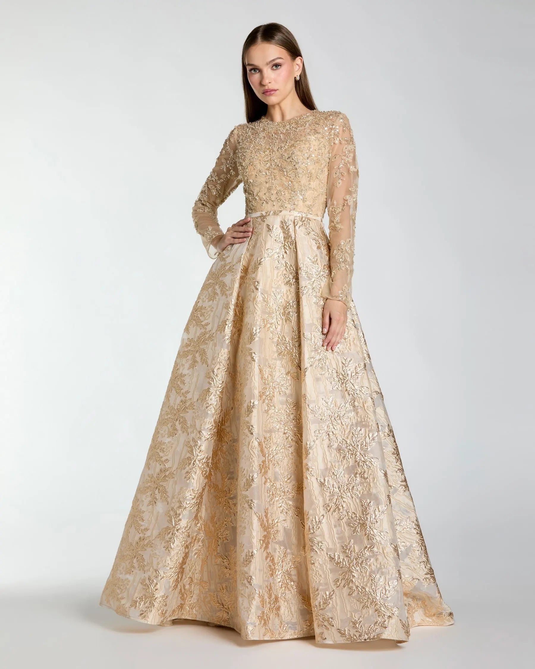 Gold Embellished Long Sleeve Brocade Ball Gown-Myartka