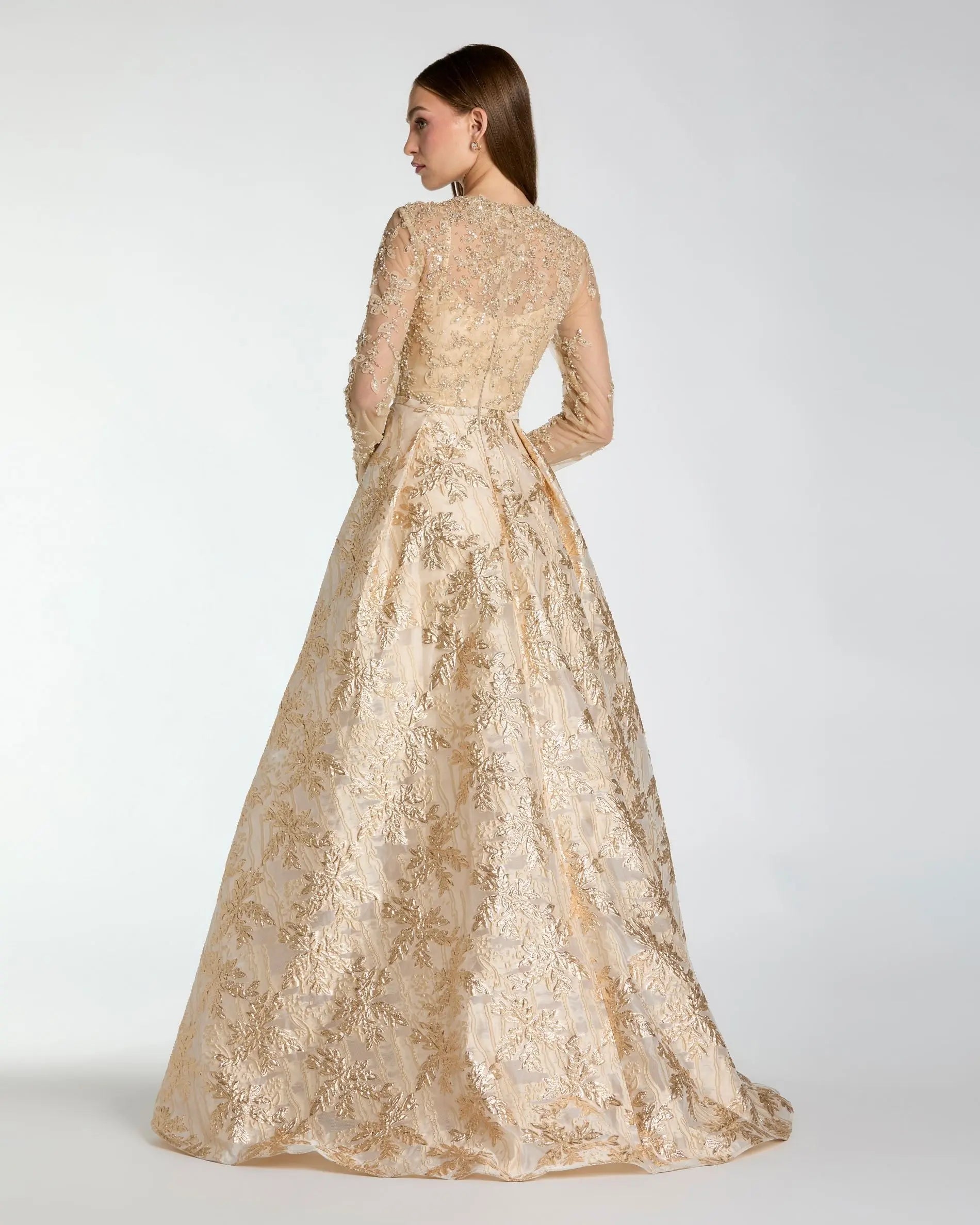 Gold Embellished Long Sleeve Brocade Ball Gown-Myartka