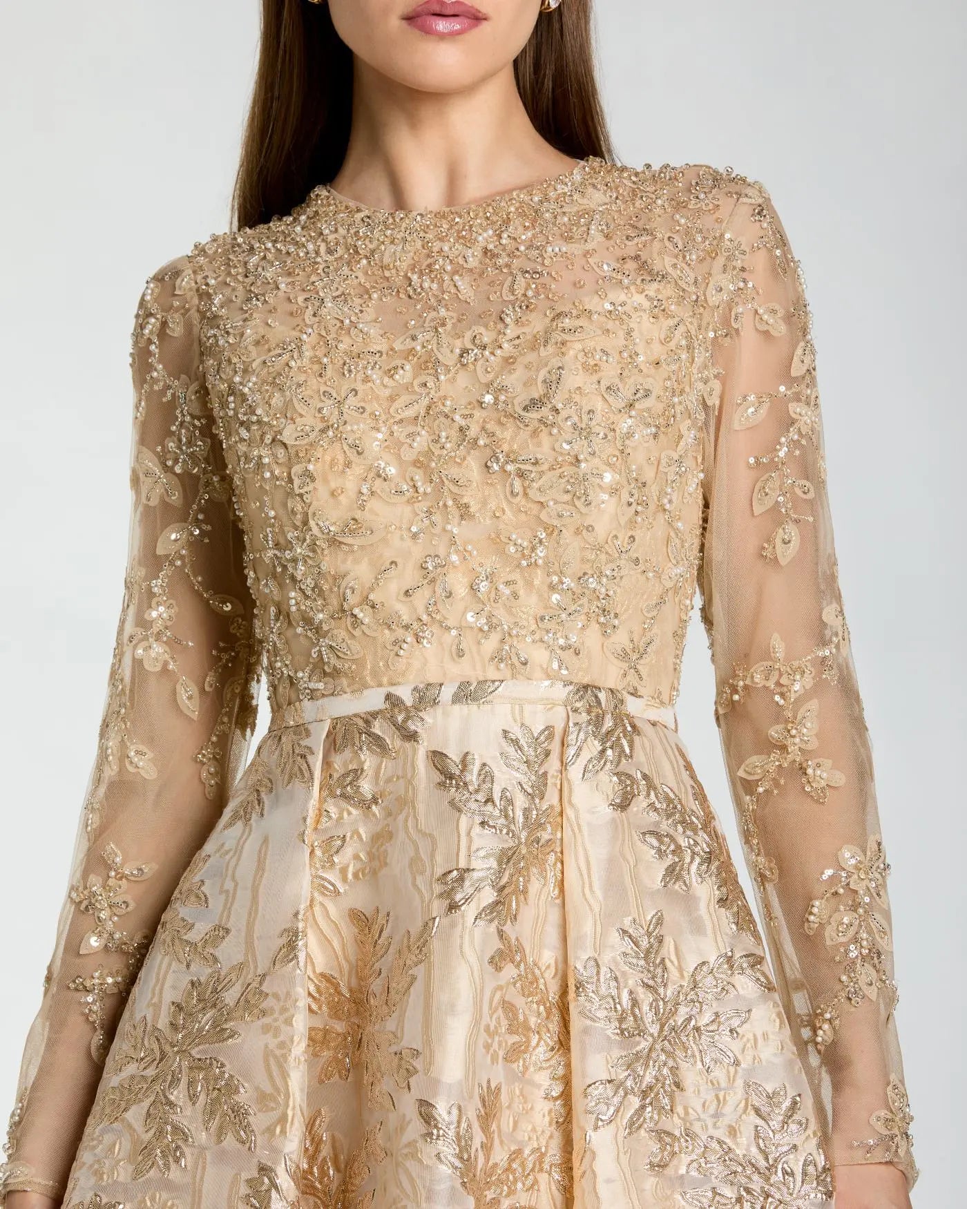 Gold Embellished Long Sleeve Brocade Ball Gown-Myartka