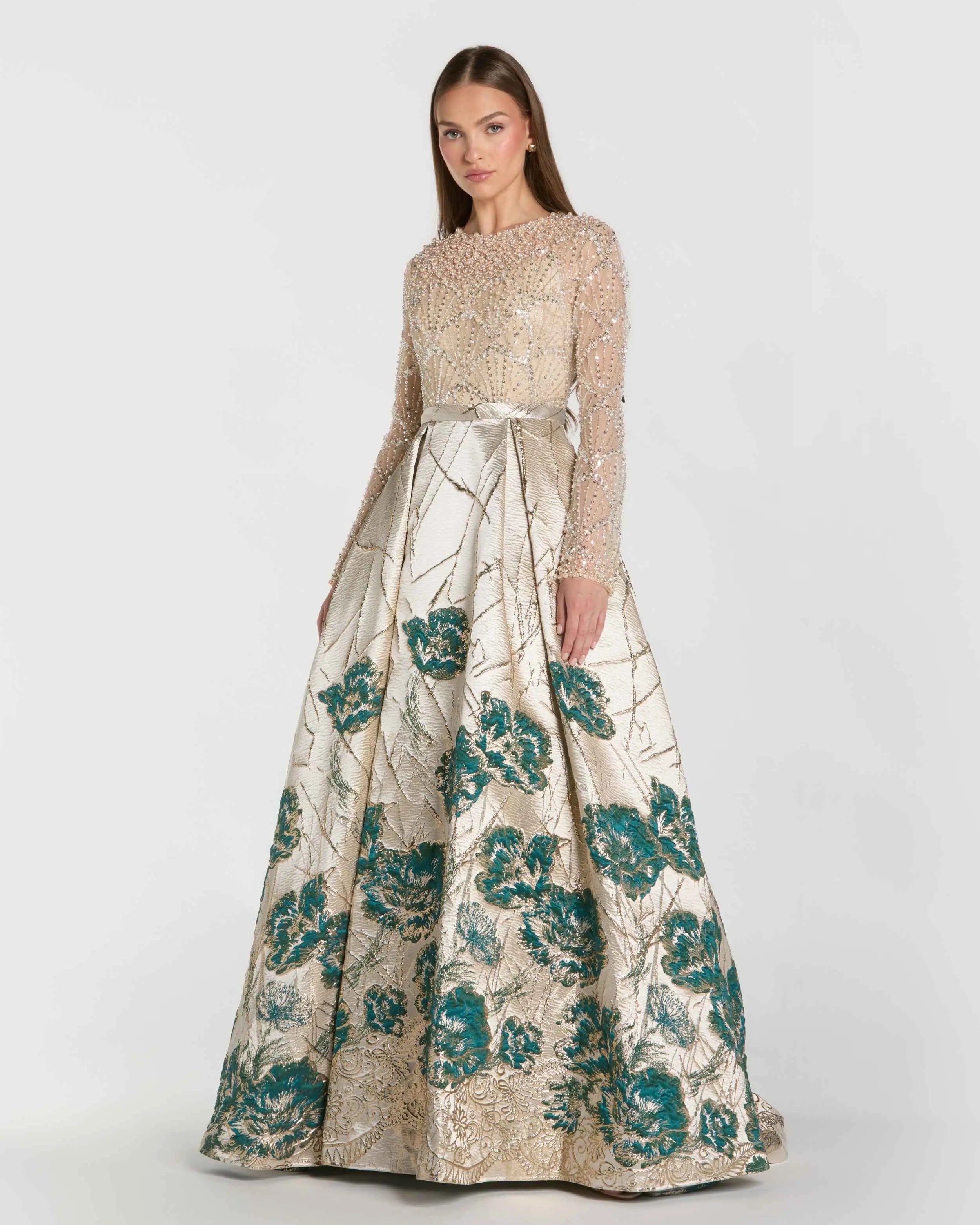 Gold Long Sleeve Embellished Floral Brocade Ball Gown-Myartka