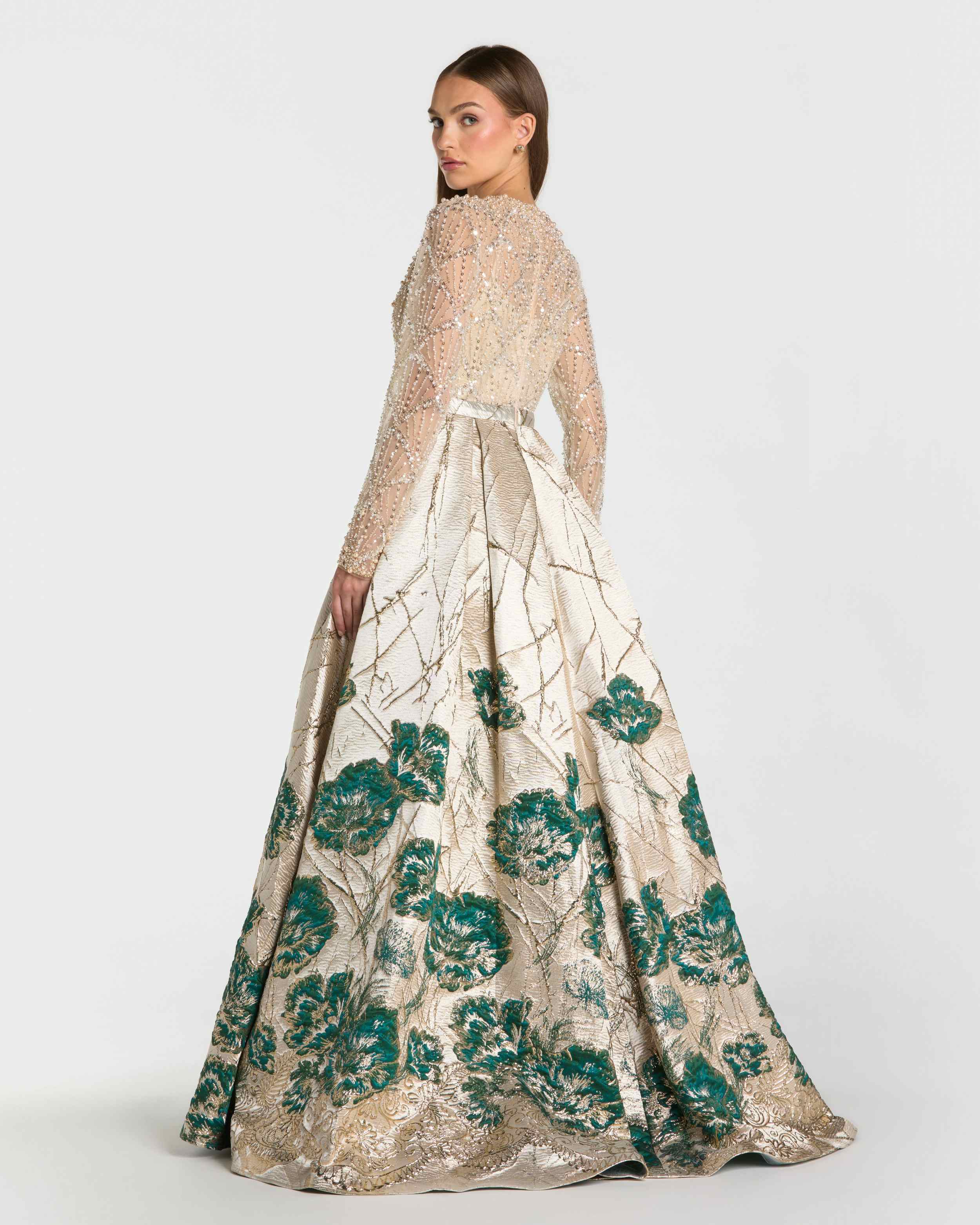 Gold Long Sleeve Embellished Floral Brocade Ball Gown-Myartka