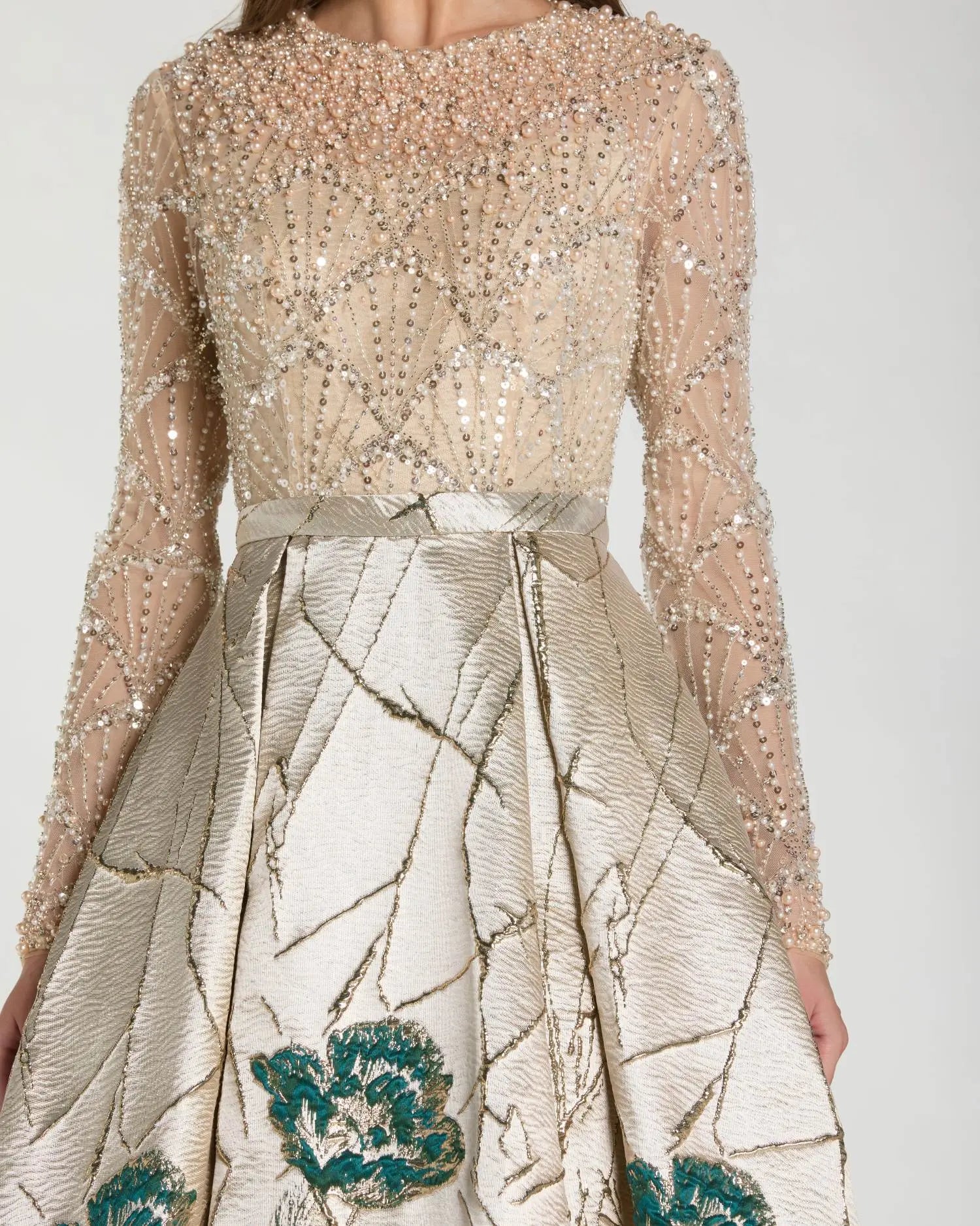 Gold Long Sleeve Embellished Floral Brocade Ball Gown-Myartka