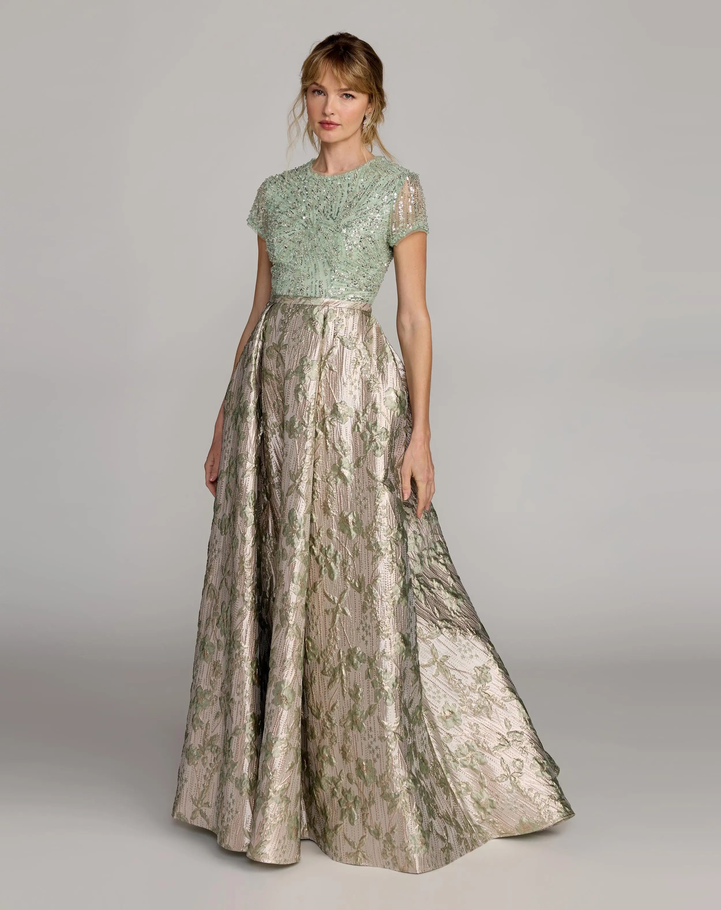 Green Sequin Embellished Floral Jacquard Ball Gown-Myartka