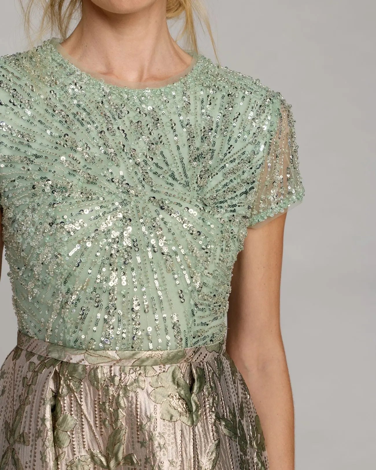 Green Sequin Embellished Floral Jacquard Ball Gown-Myartka
