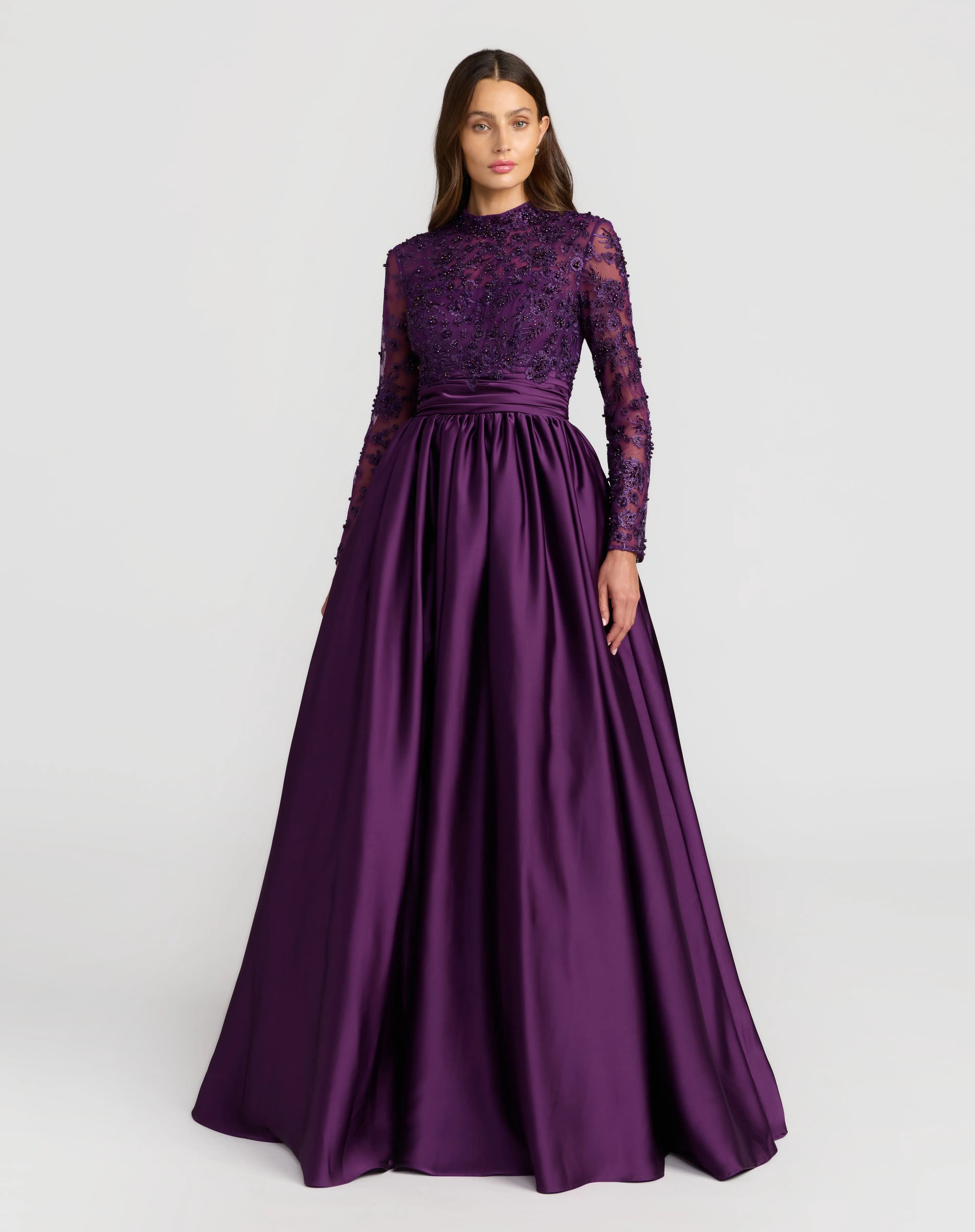 Purple Embroidered Long Sleeve Satin Ball Gown-Myartka