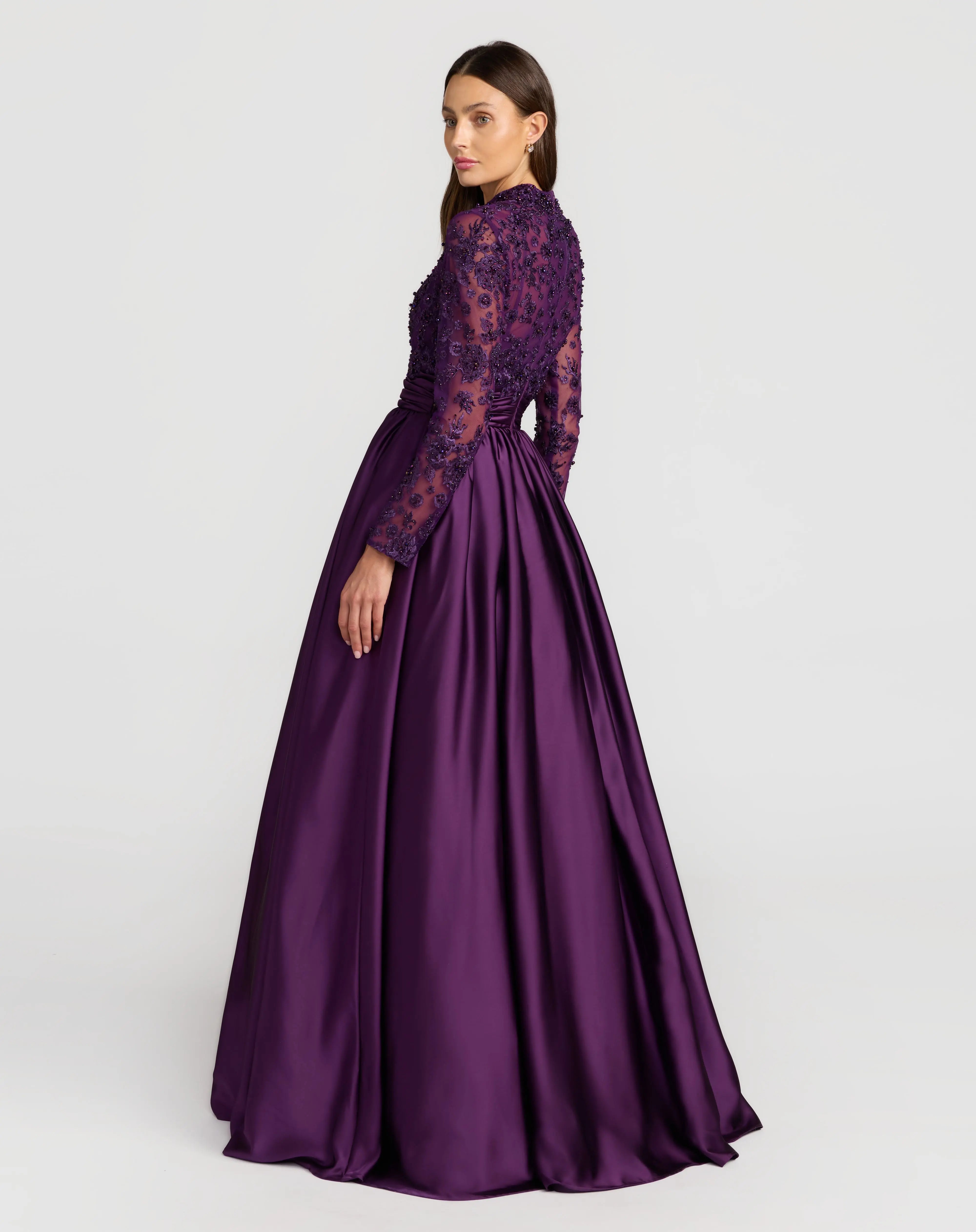 Purple Embroidered Long Sleeve Satin Ball Gown-Myartka