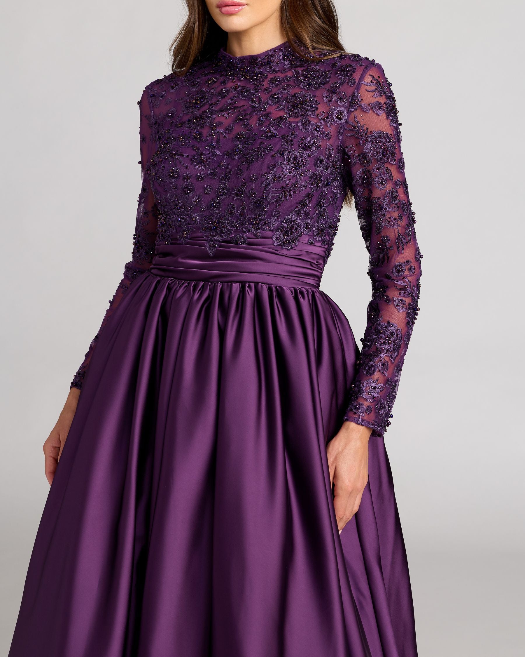 Purple Embroidered Long Sleeve Satin Ball Gown-Myartka