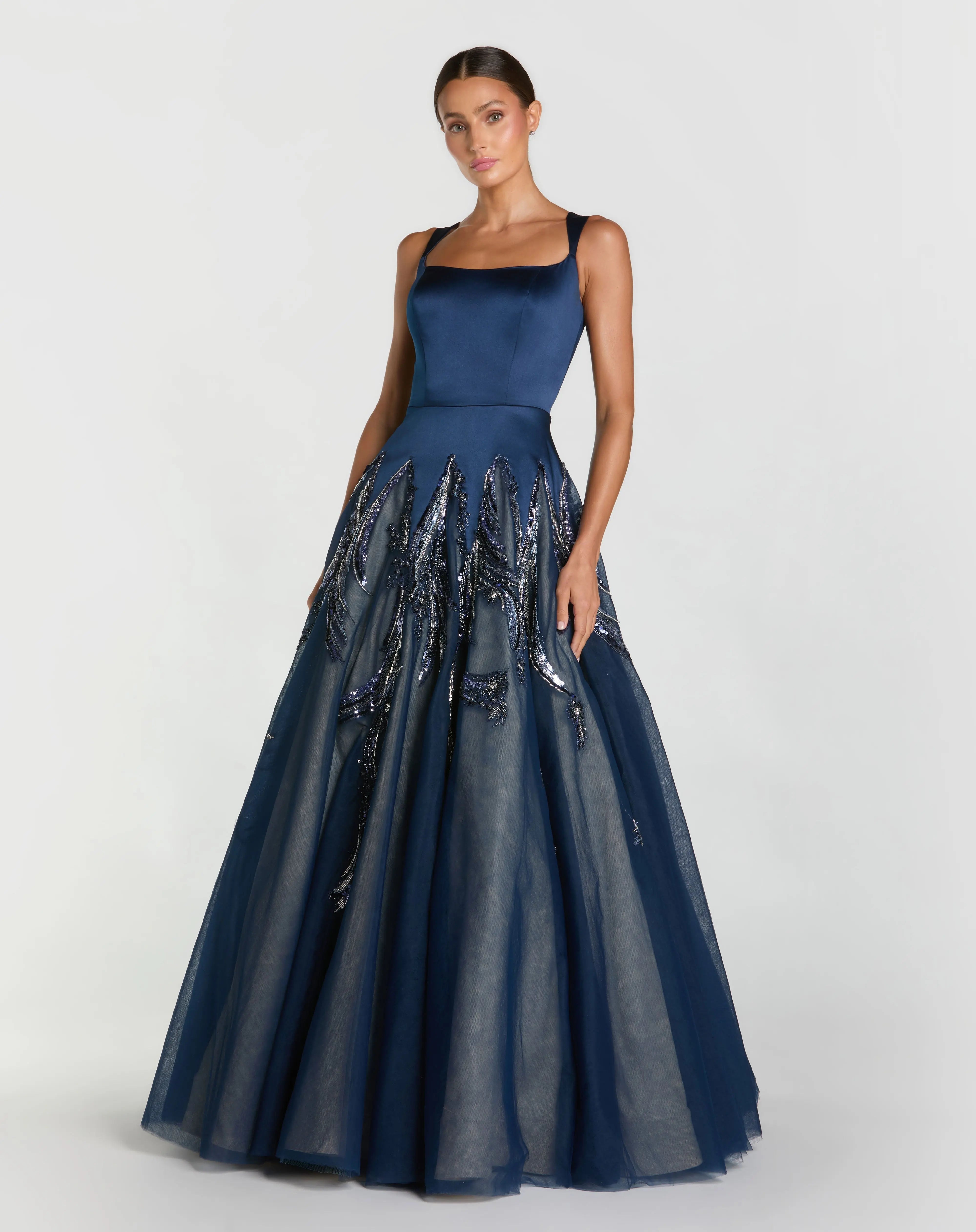Navy Embellished Satin Ball Gown With Tulle Skirt-Myartka