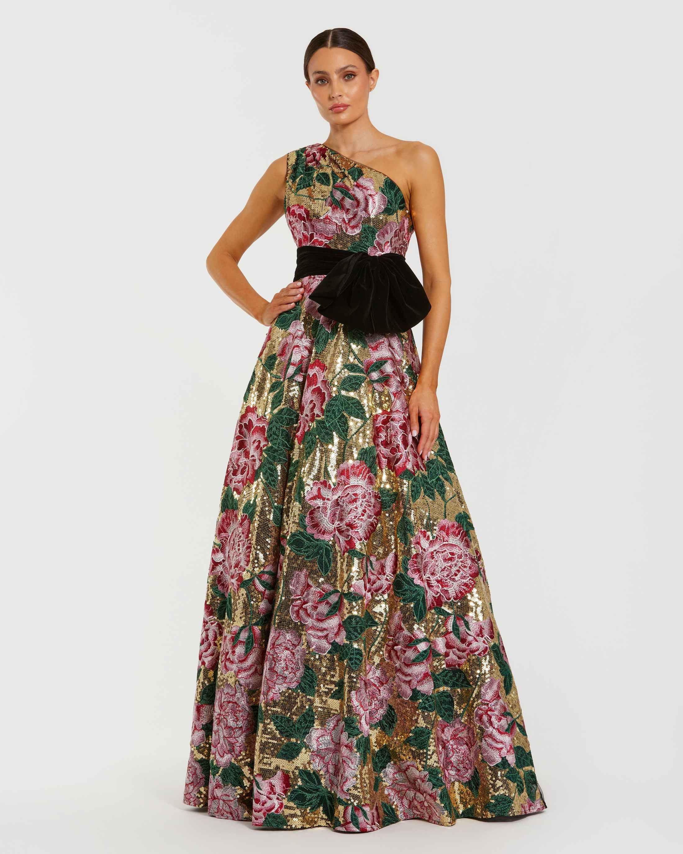 Multicolor One Shoulder Sequin Ball Gown With Velvet Bow-Myartka