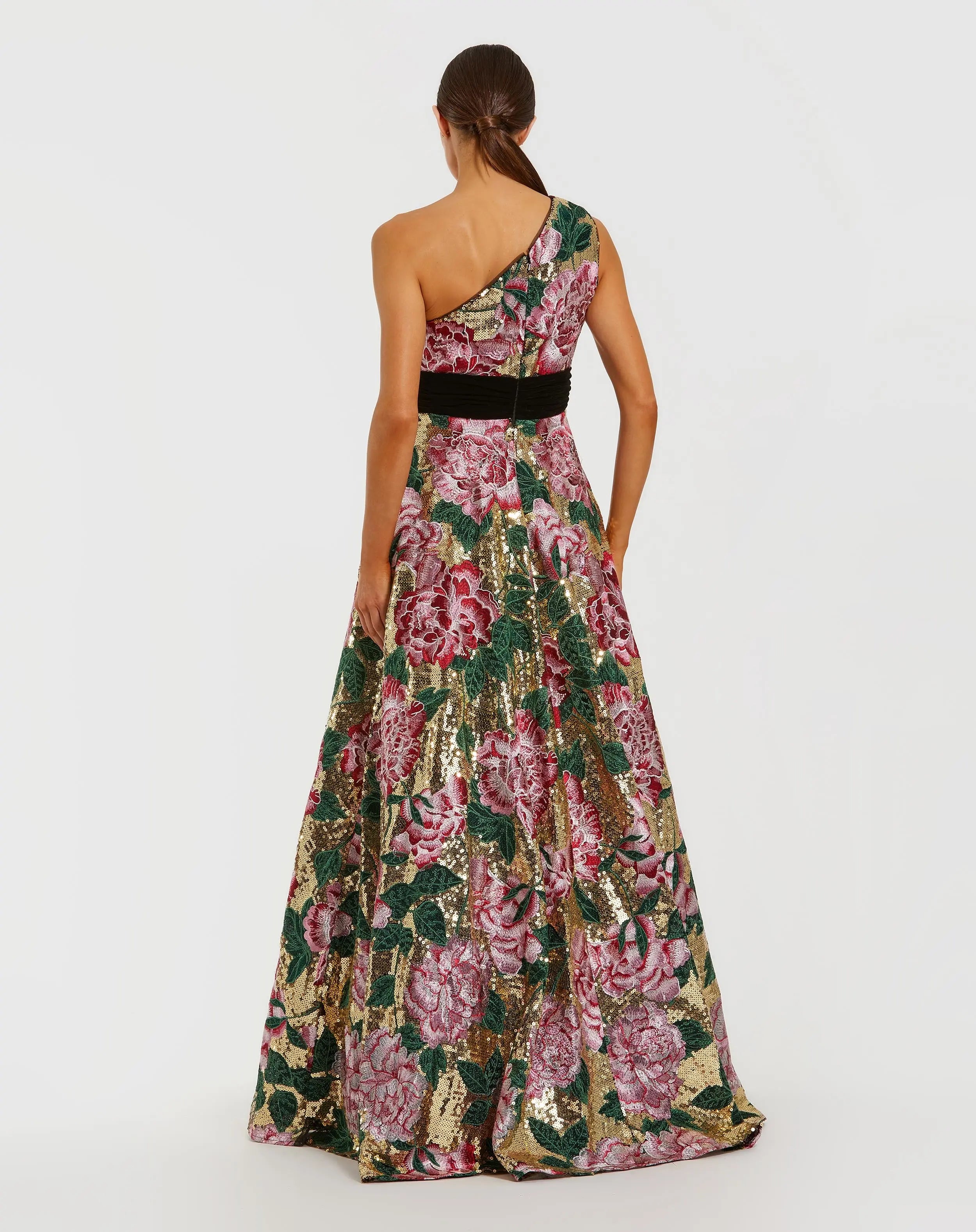 Multicolor One Shoulder Sequin Ball Gown With Velvet Bow-Myartka