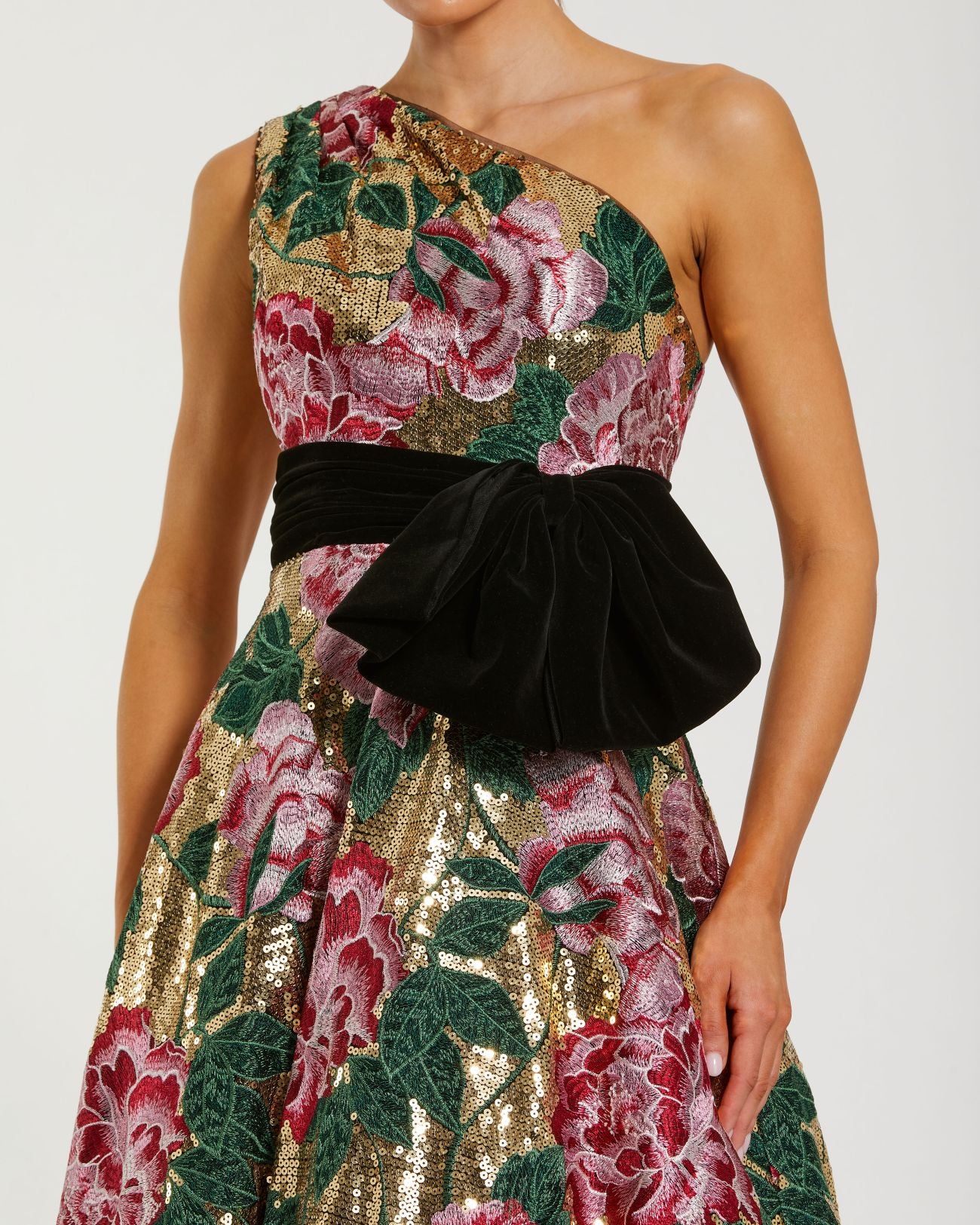 Multicolor One Shoulder Sequin Ball Gown With Velvet Bow-Myartka