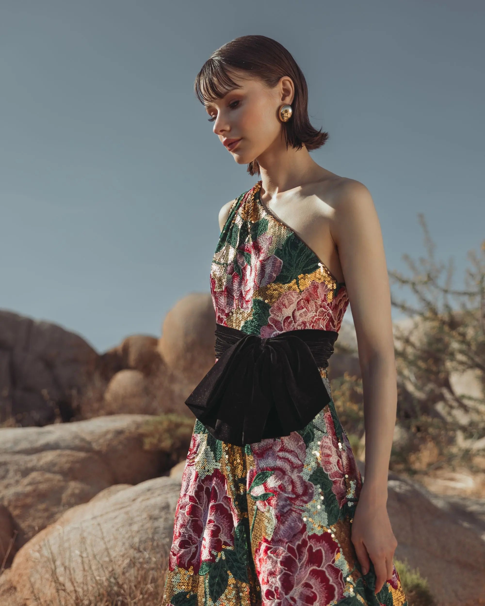 Multicolor One Shoulder Sequin Ball Gown With Velvet Bow-Myartka