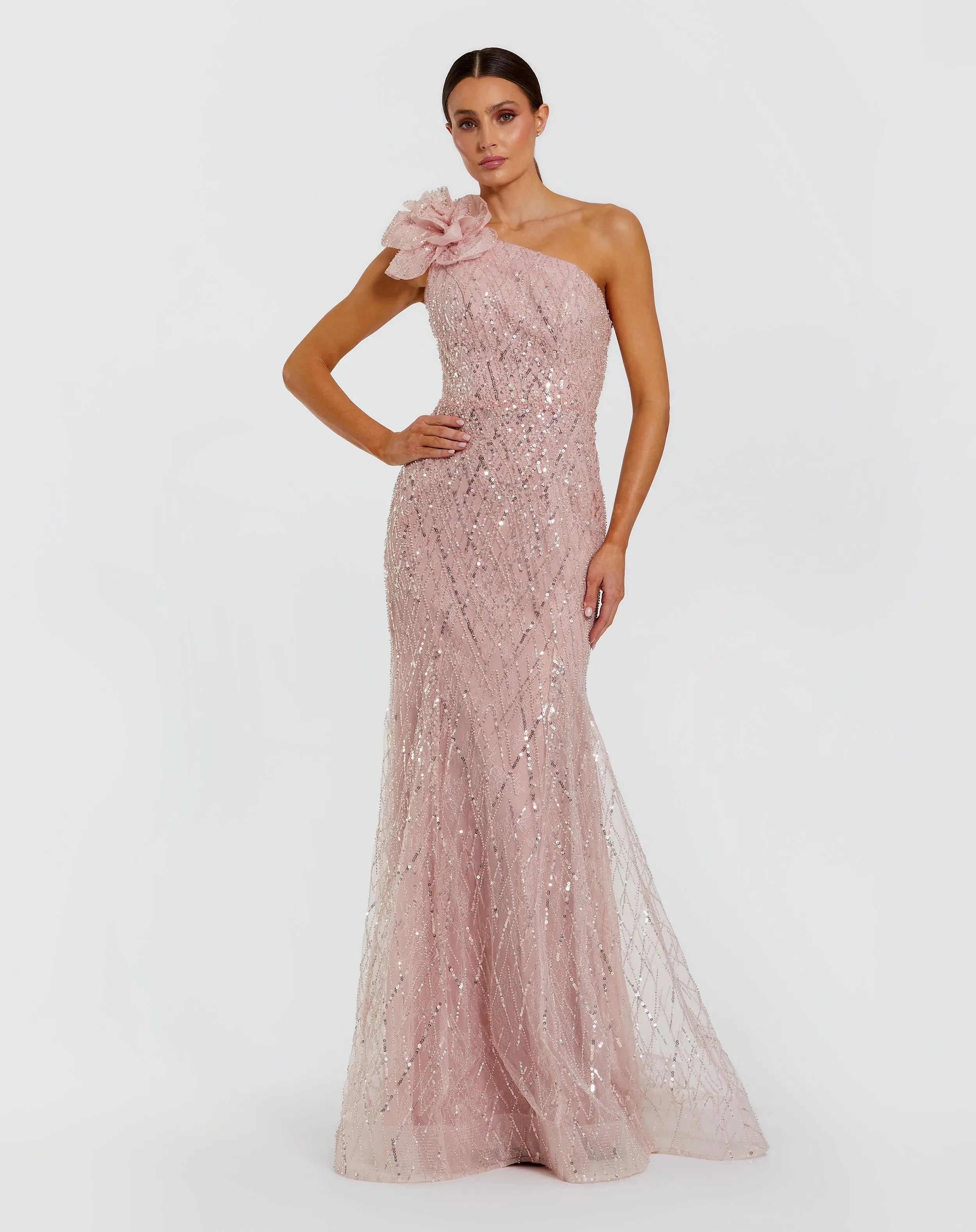 Pink One Shoulder Beaded Mermaid Gown With 3D Flower-Myartka