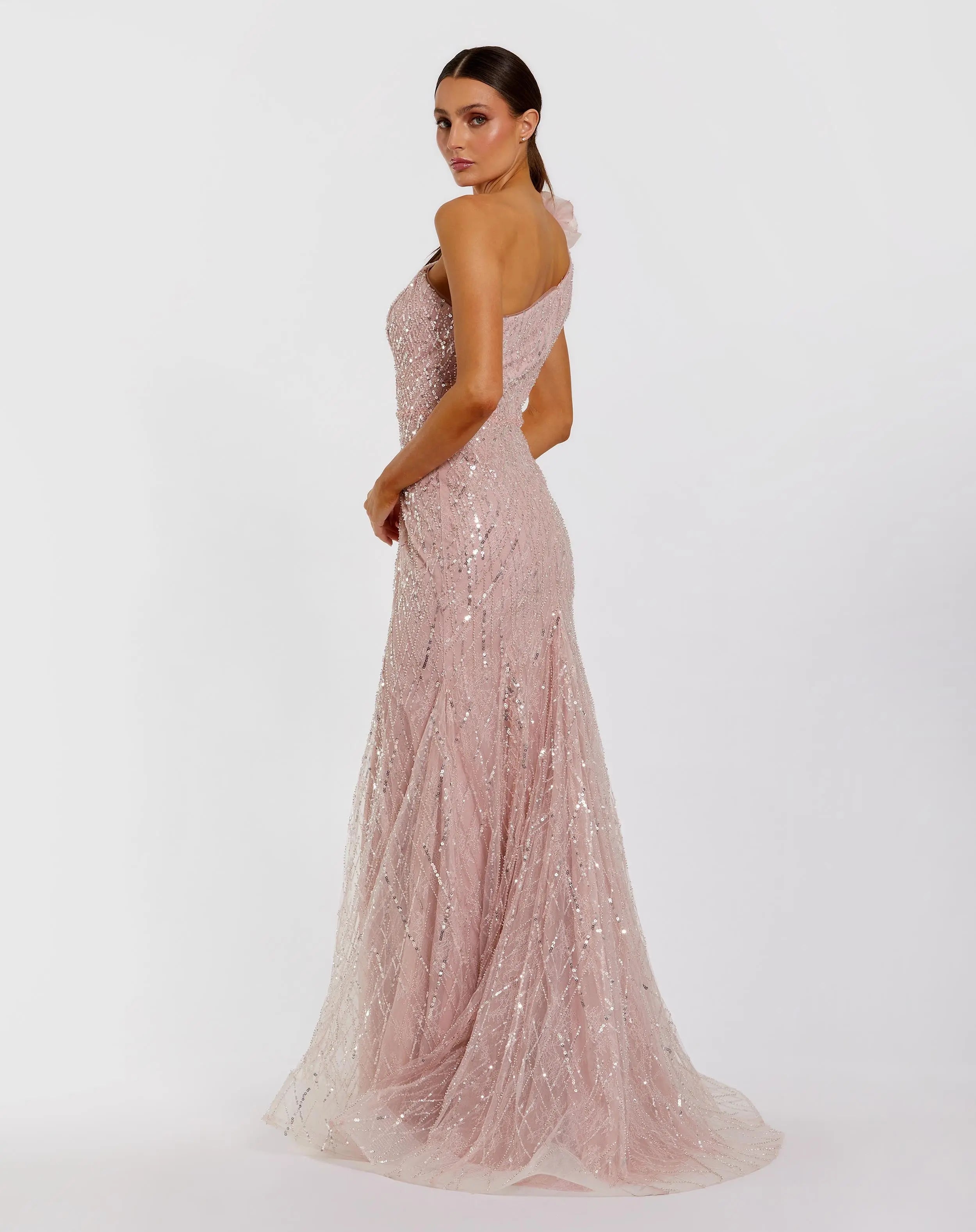 Pink One Shoulder Beaded Mermaid Gown With 3D Flower-Myartka