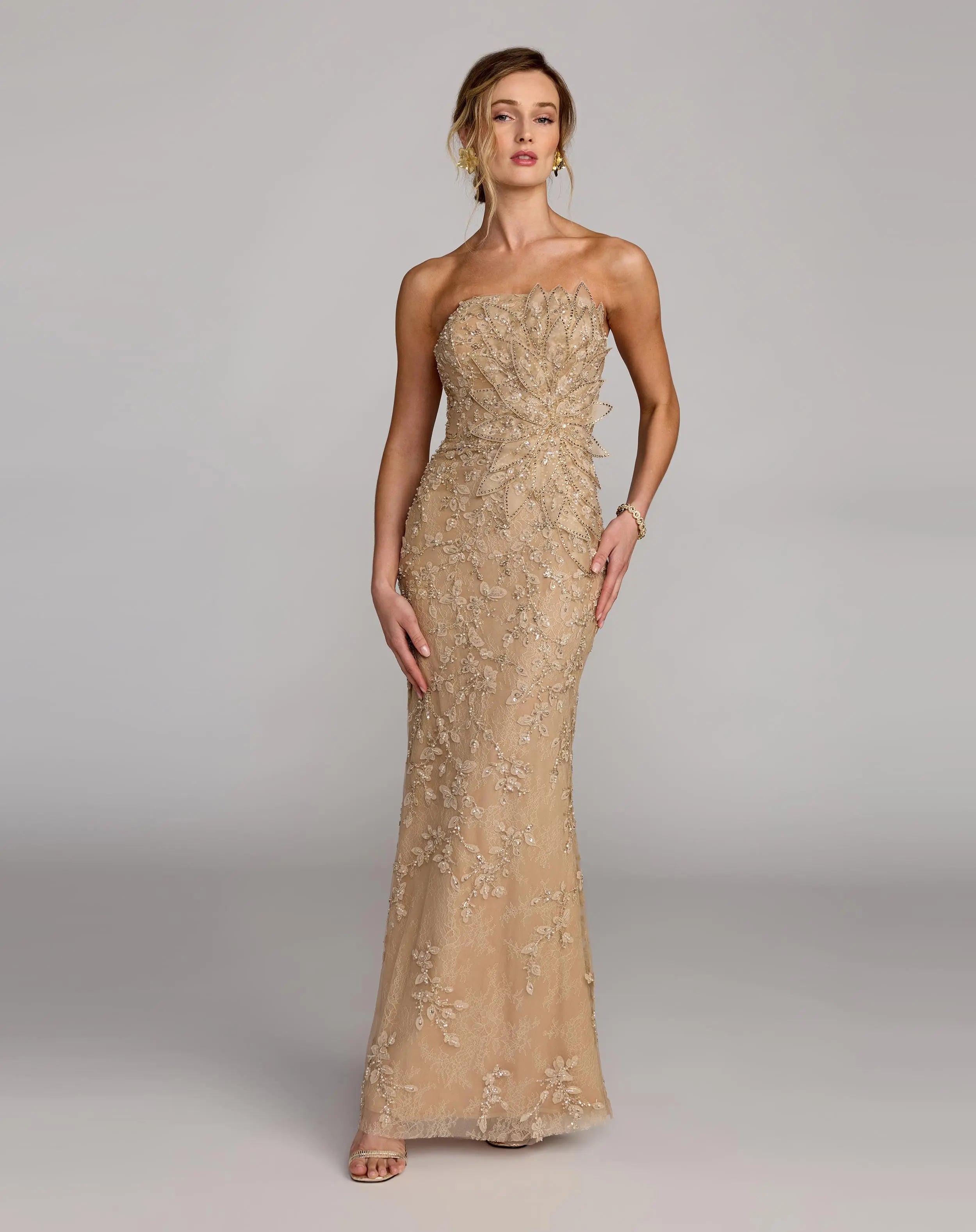 Beige Strapless Embellished Lace Gown with 3D Flower-Myartka