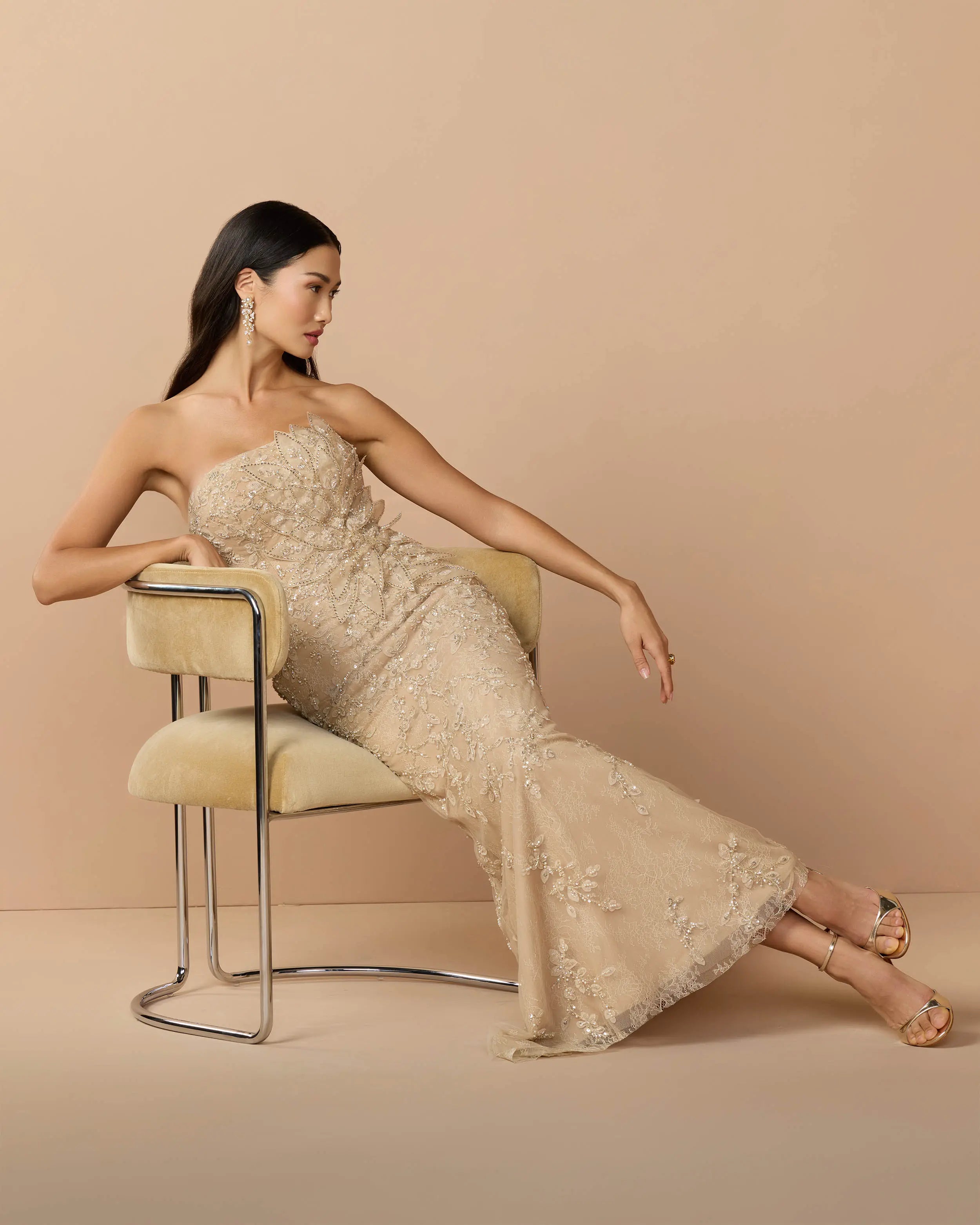 Beige Strapless Embellished Lace Gown with 3D Flower-Myartka