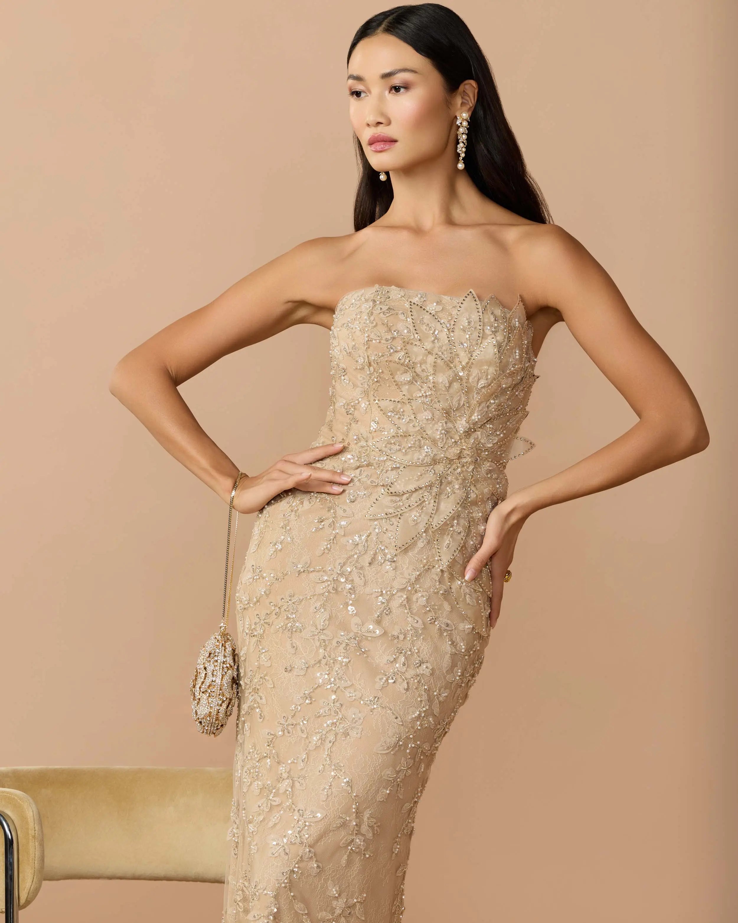 Beige Strapless Embellished Lace Gown with 3D Flower-Myartka