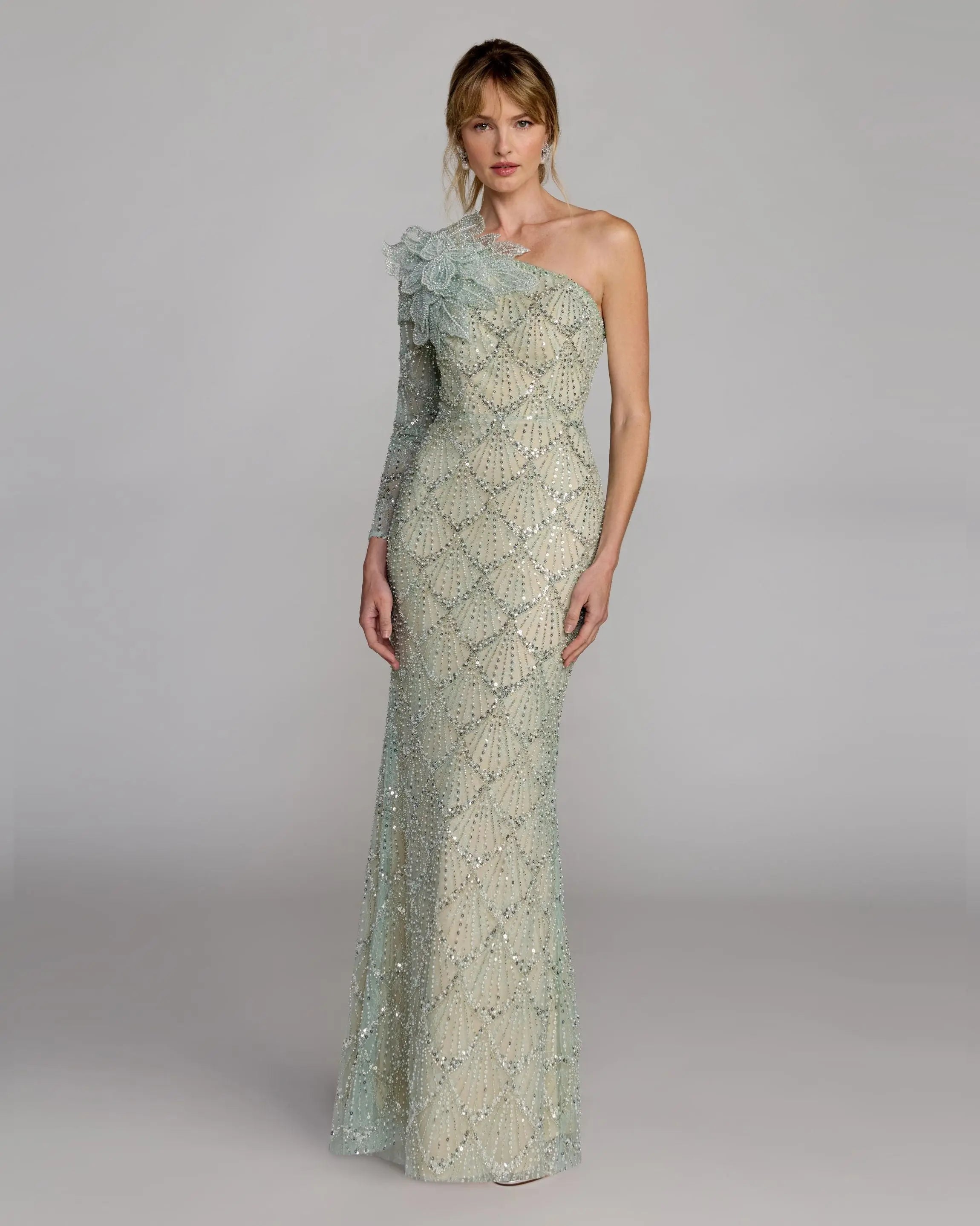 Green One Shoulder Embellished Gown With Floral Accent-Myartka