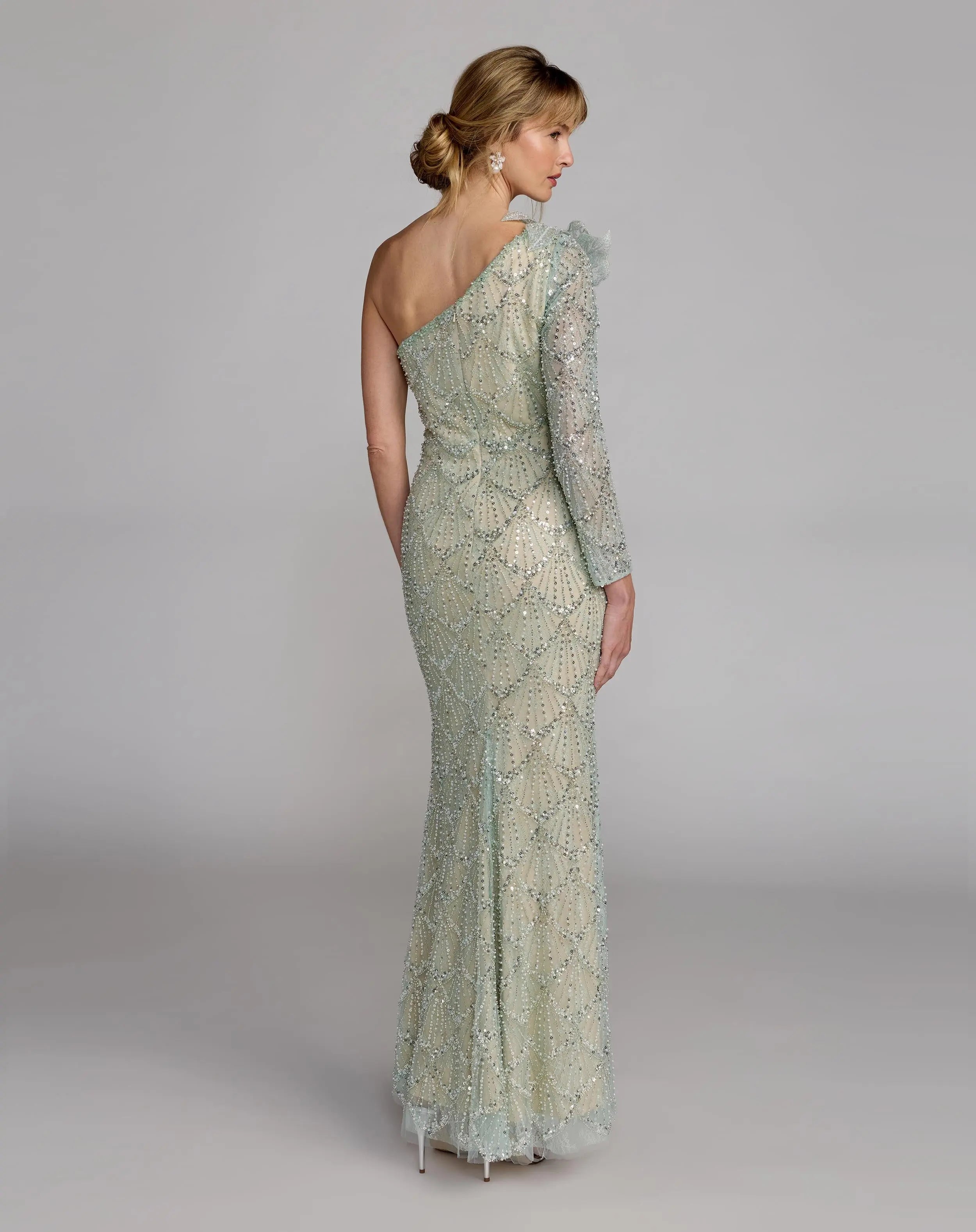 Green One Shoulder Embellished Gown With Floral Accent-Myartka