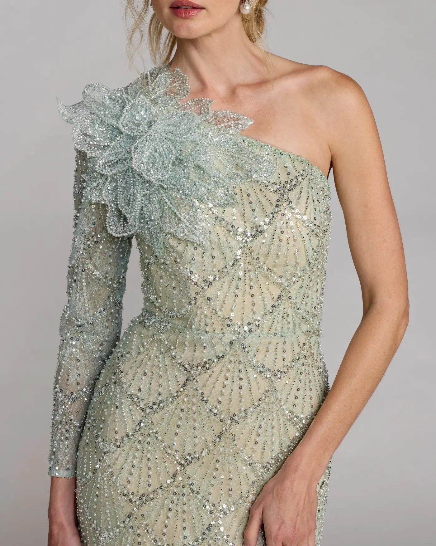 Green One Shoulder Embellished Gown With Floral Accent-Myartka