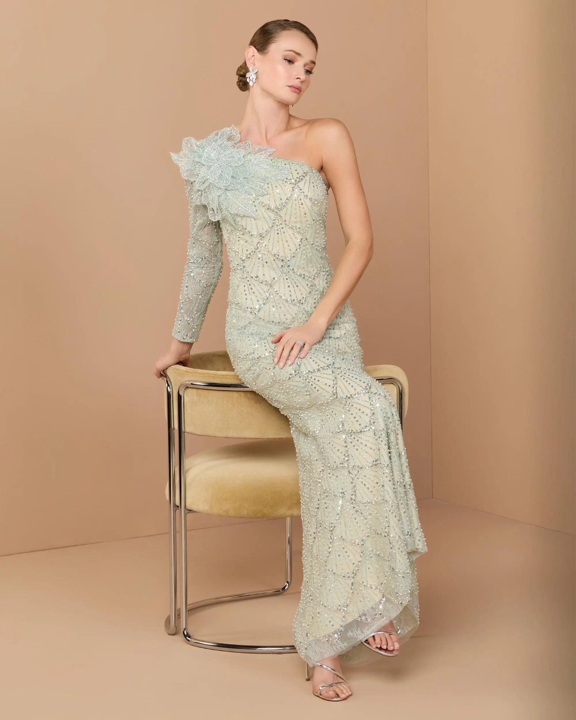 Green One Shoulder Embellished Gown With Floral Accent-Myartka