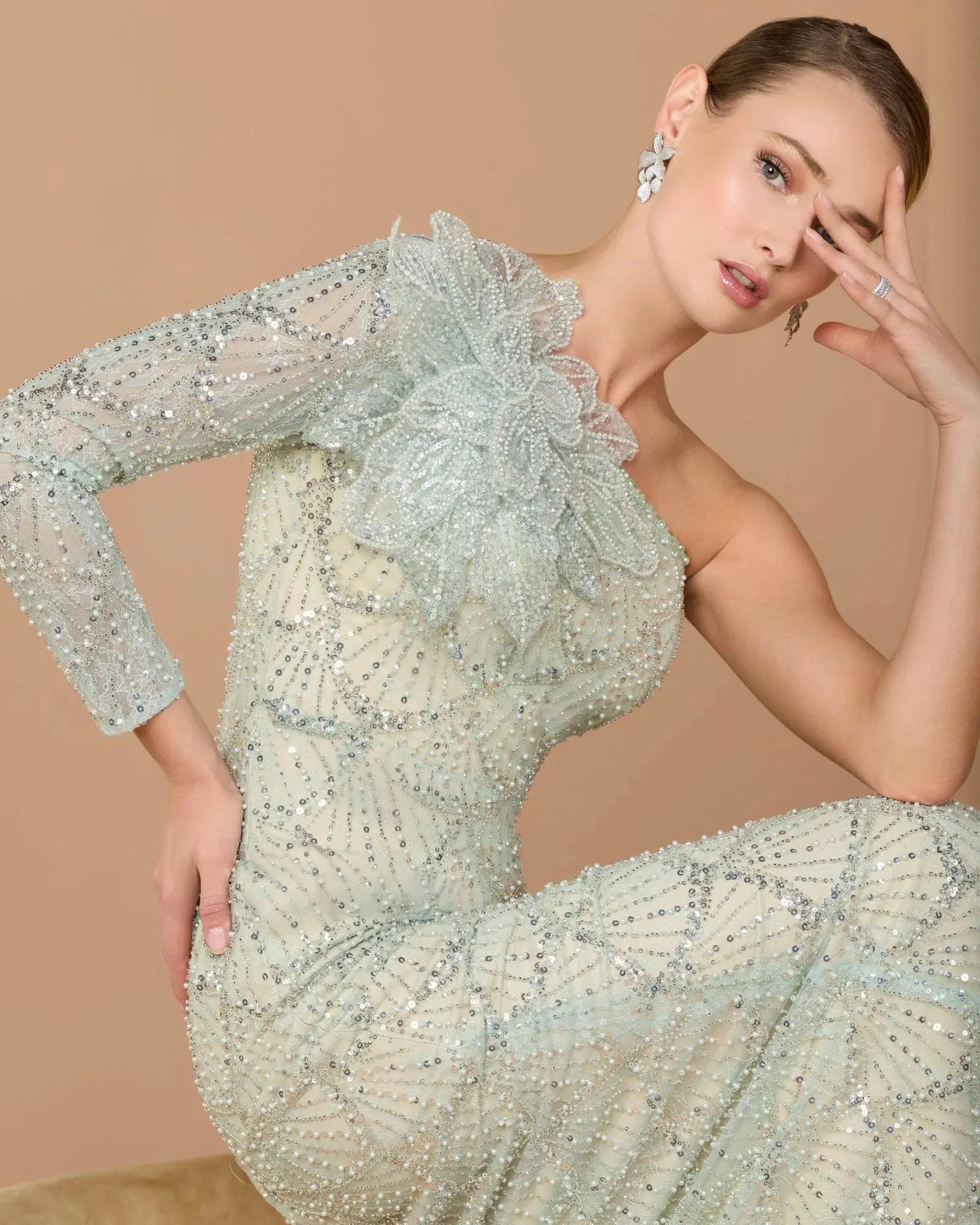 Green One Shoulder Embellished Gown With Floral Accent-Myartka